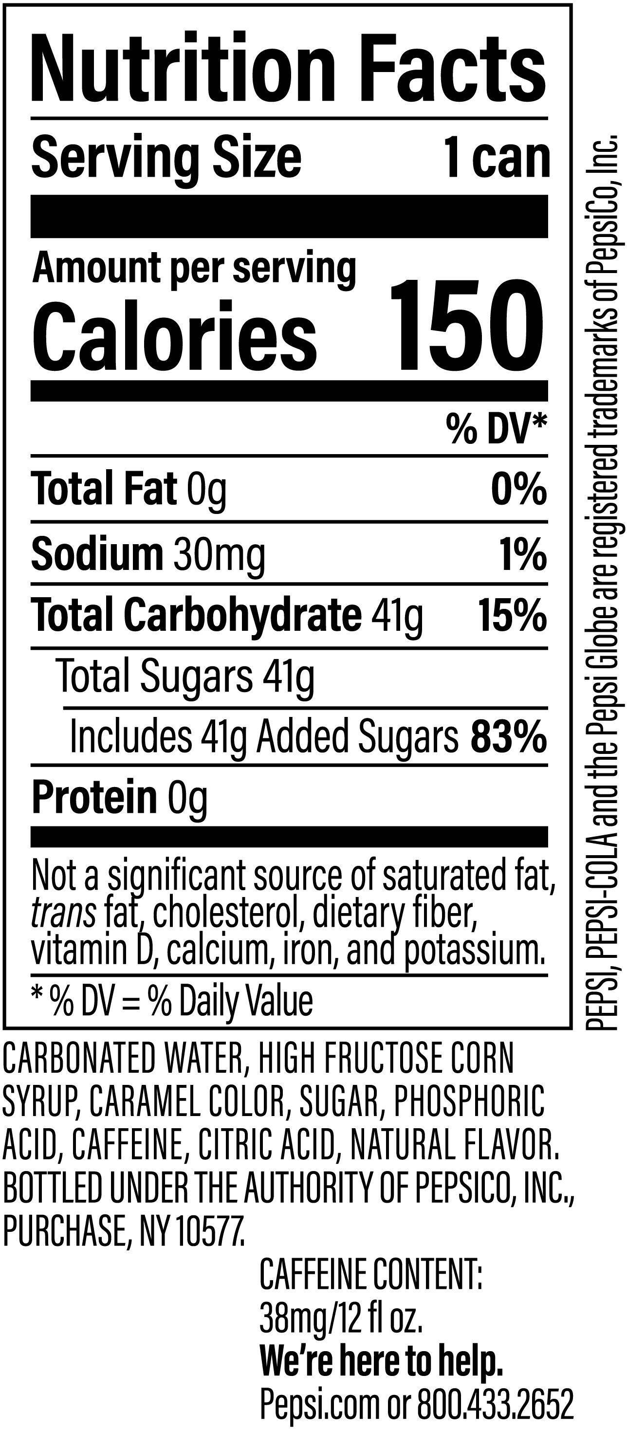 Image describing nutrition information for product Pepsi (36pk)