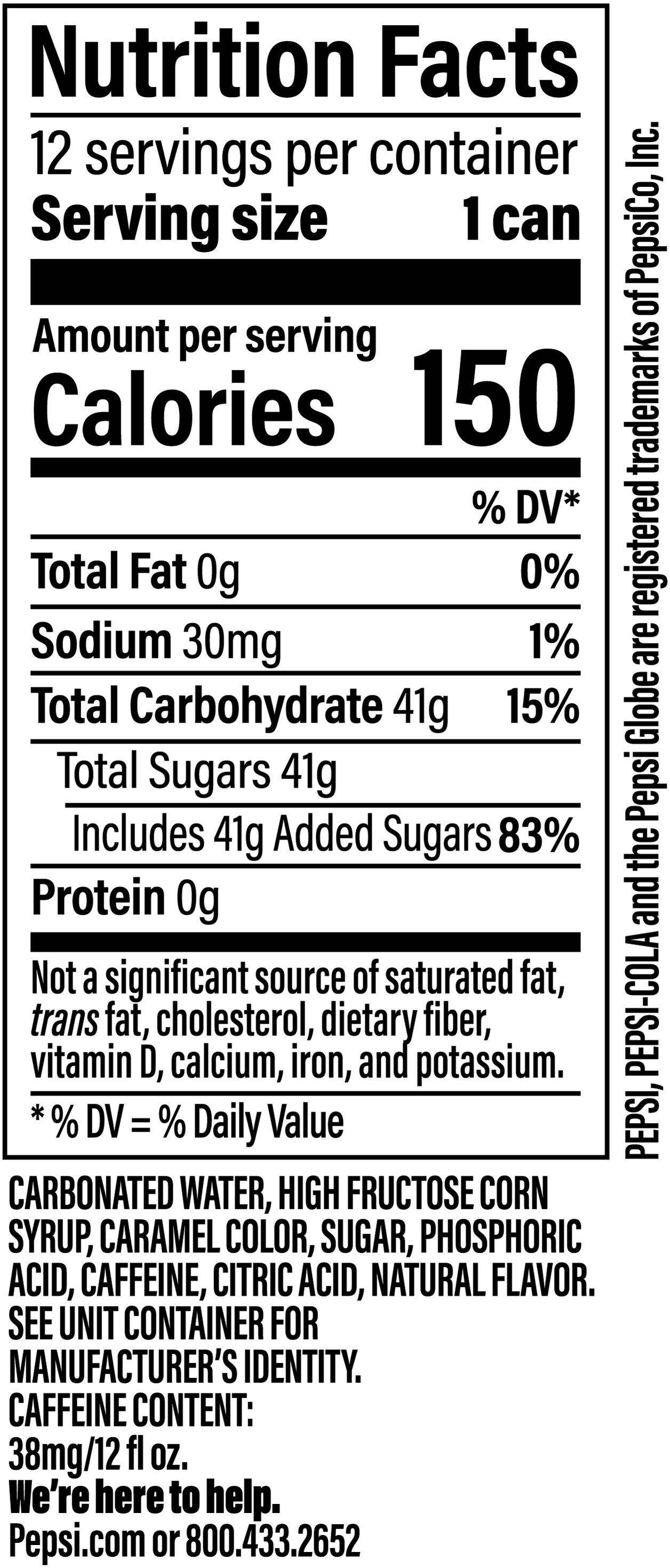 Image describing nutrition information for product Pepsi (2/12 Packs)
