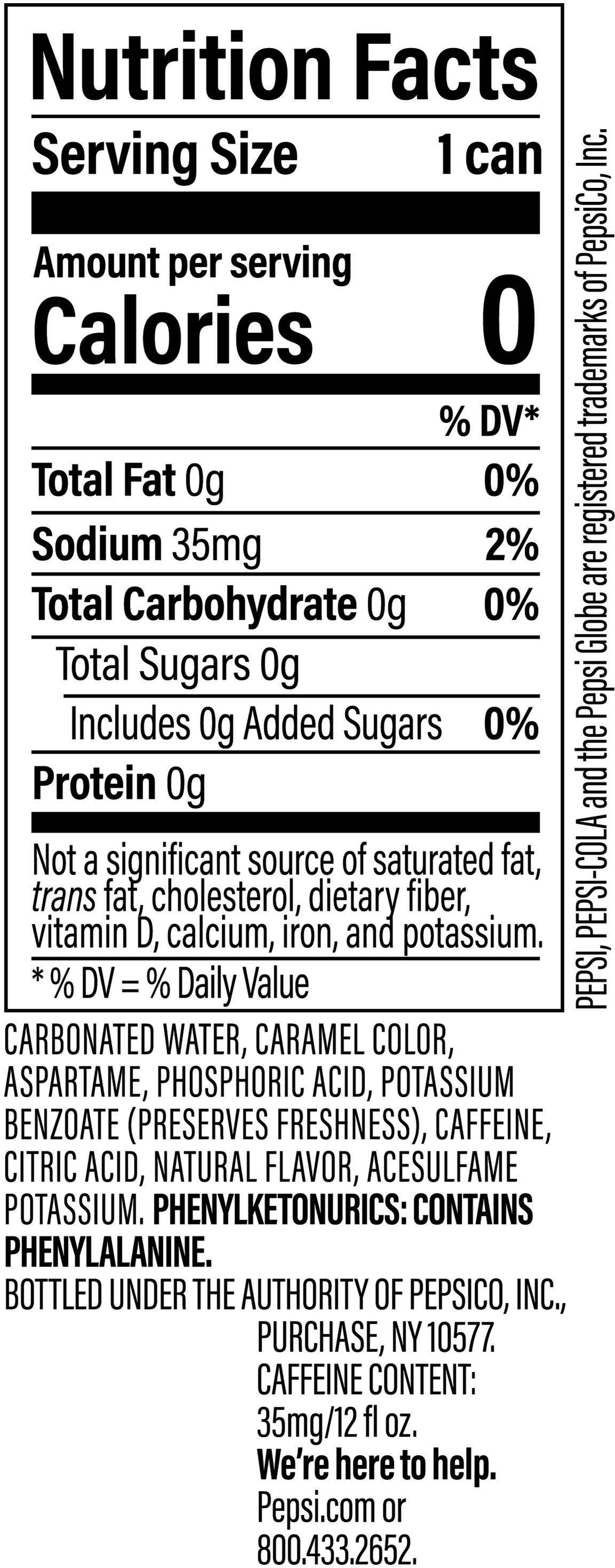 Image describing nutrition information for product Diet Pepsi (36pk Cube)