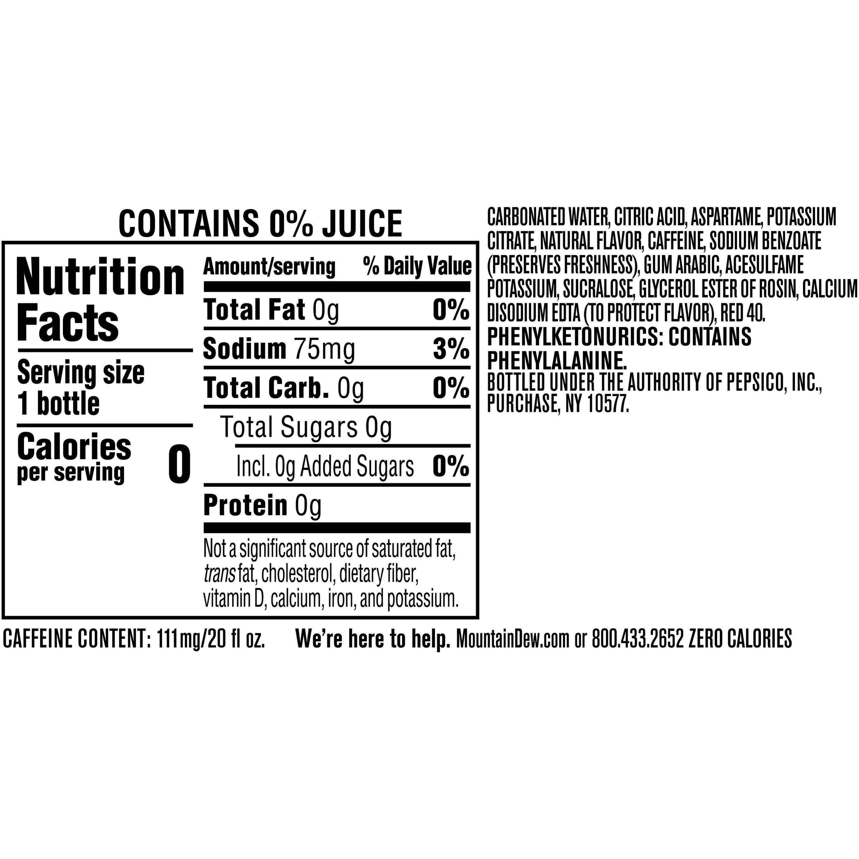 Image describing nutrition information for product Mtn Dew Spark Zero Sugar