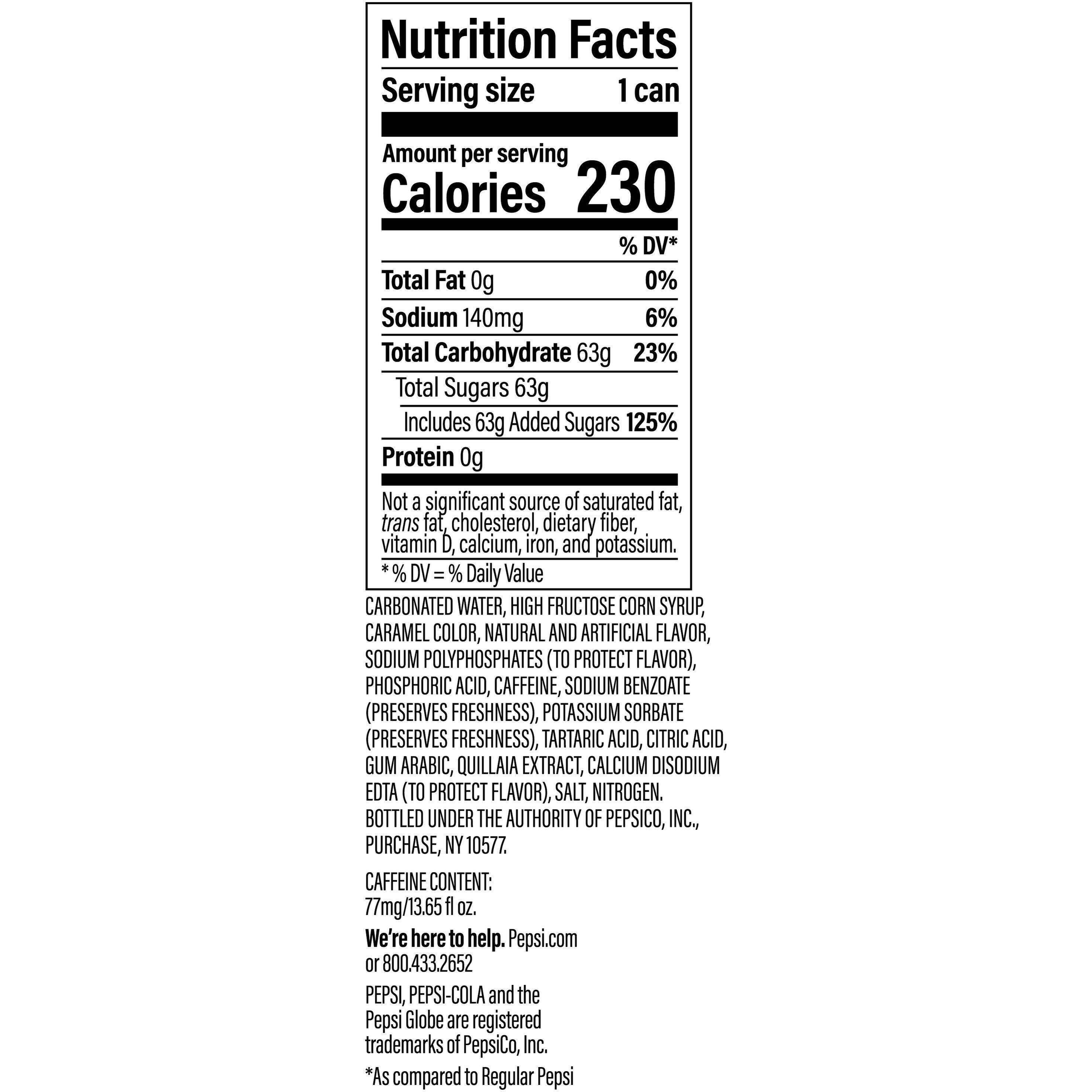 Image describing nutrition information for product Nitro Pepsi Vanilla Draft Cola