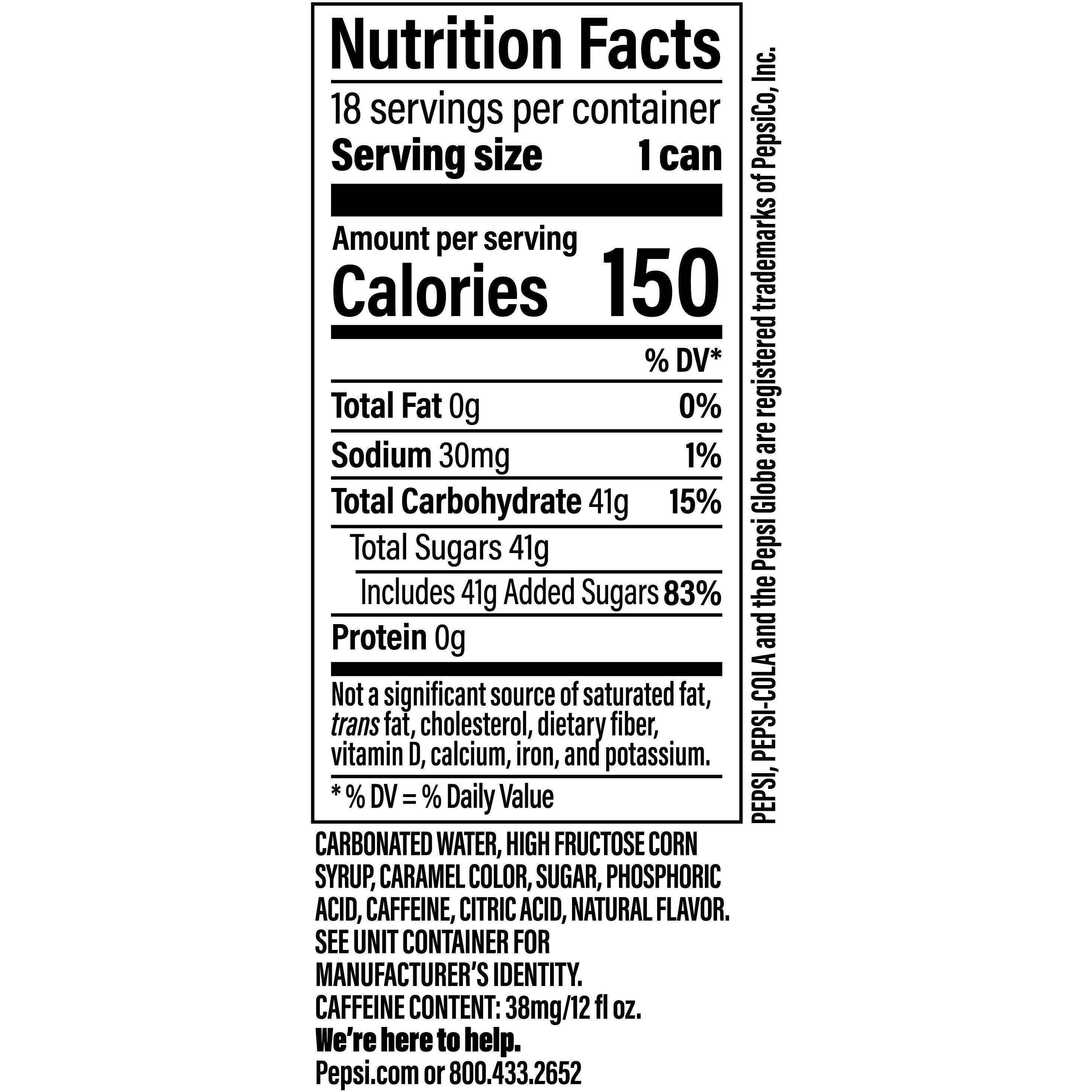 Image describing nutrition information for product Pepsi (2/18 Packs)