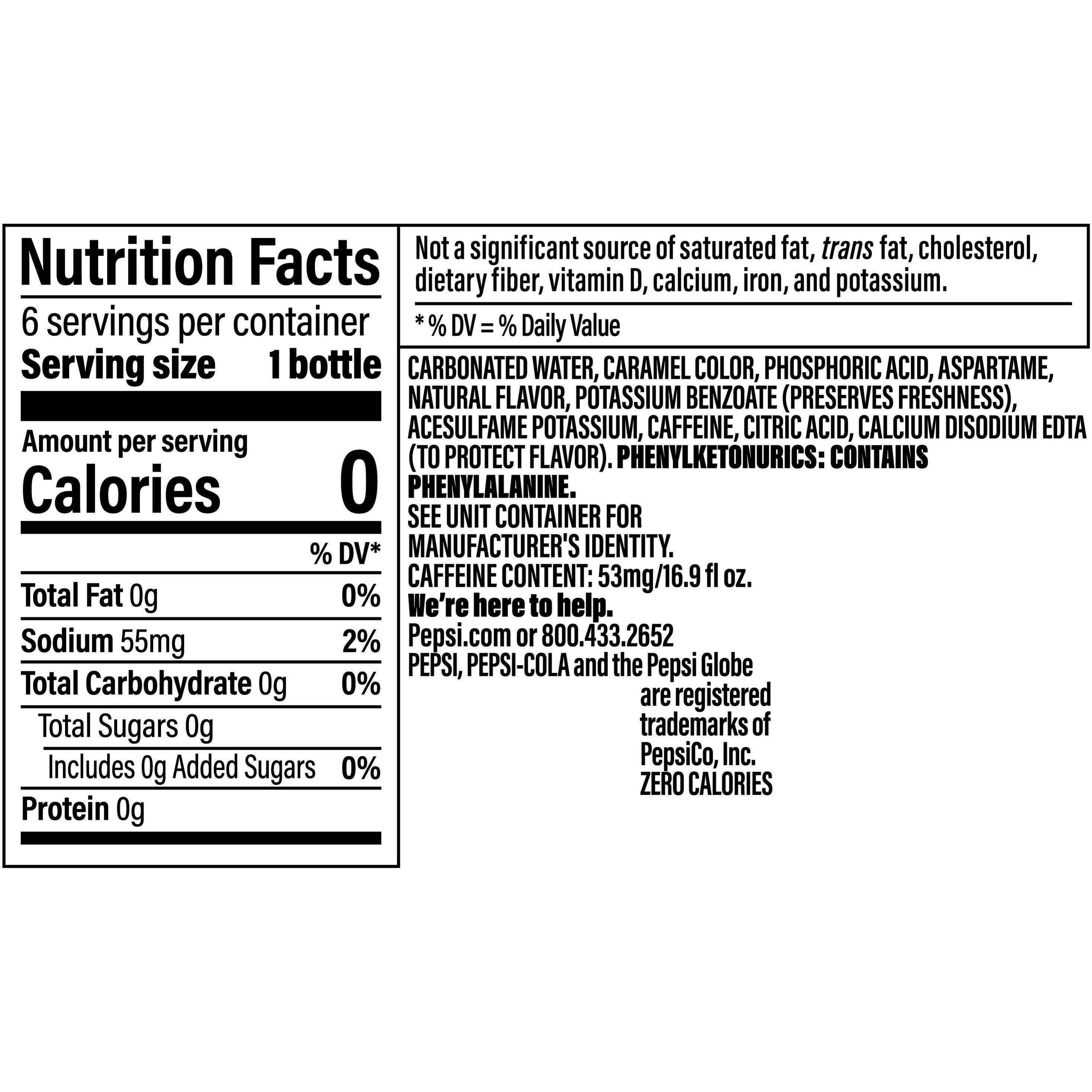 Image describing nutrition information for product Pepsi Zero Sugar