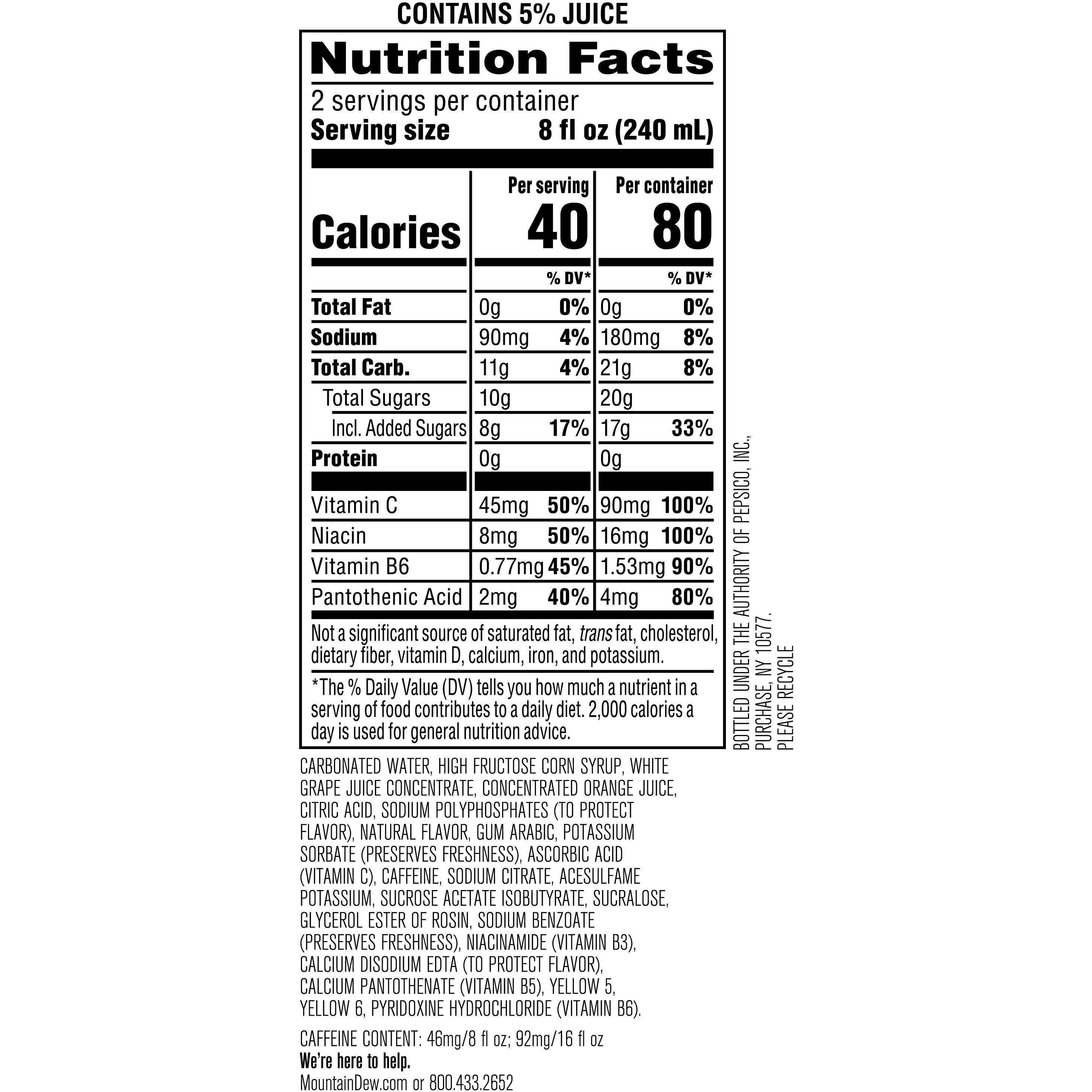 Image describing nutrition information for product Mtn Dew Kickstart Orange Citrus