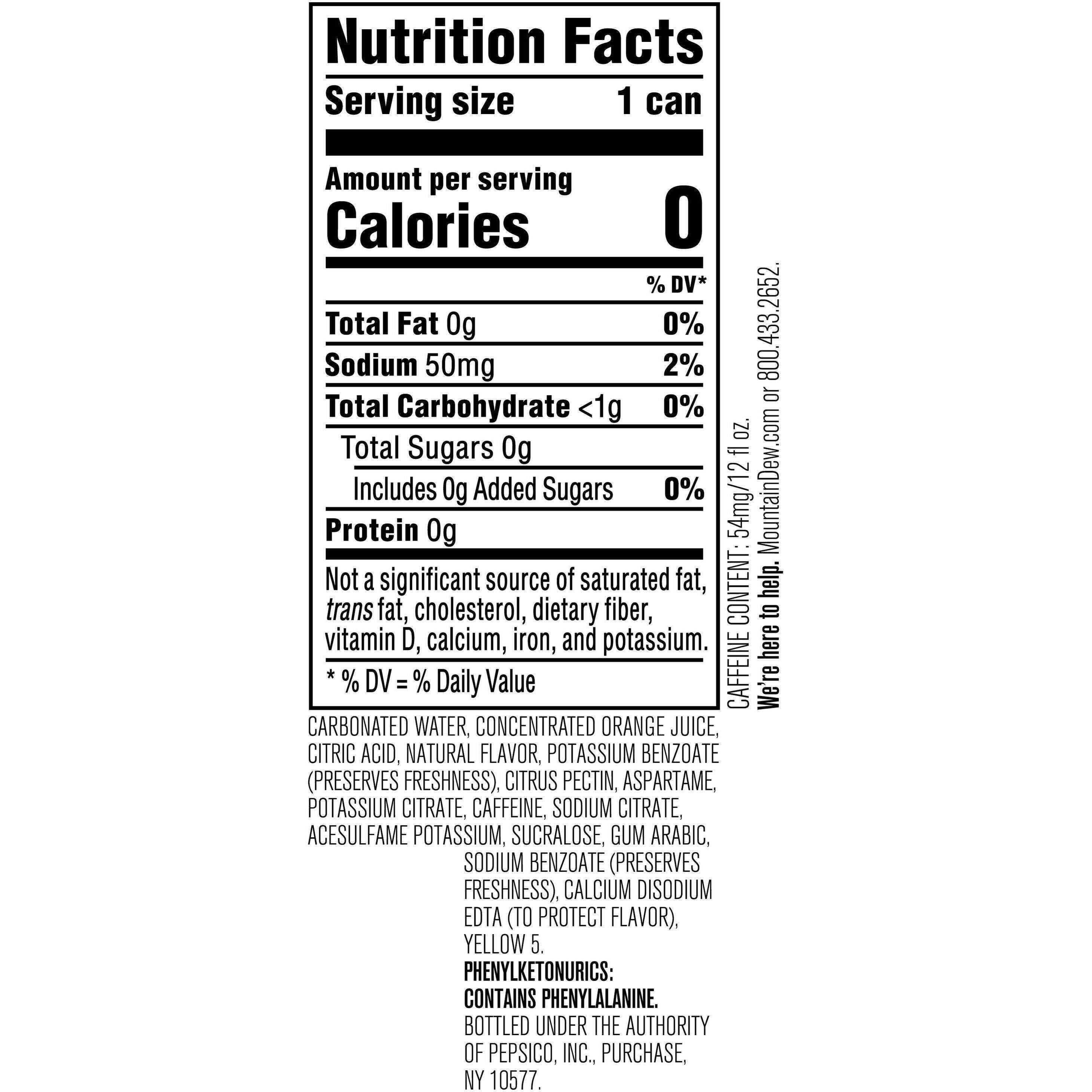 Image describing nutrition information for product Diet Mtn Dew (24pk Cube)