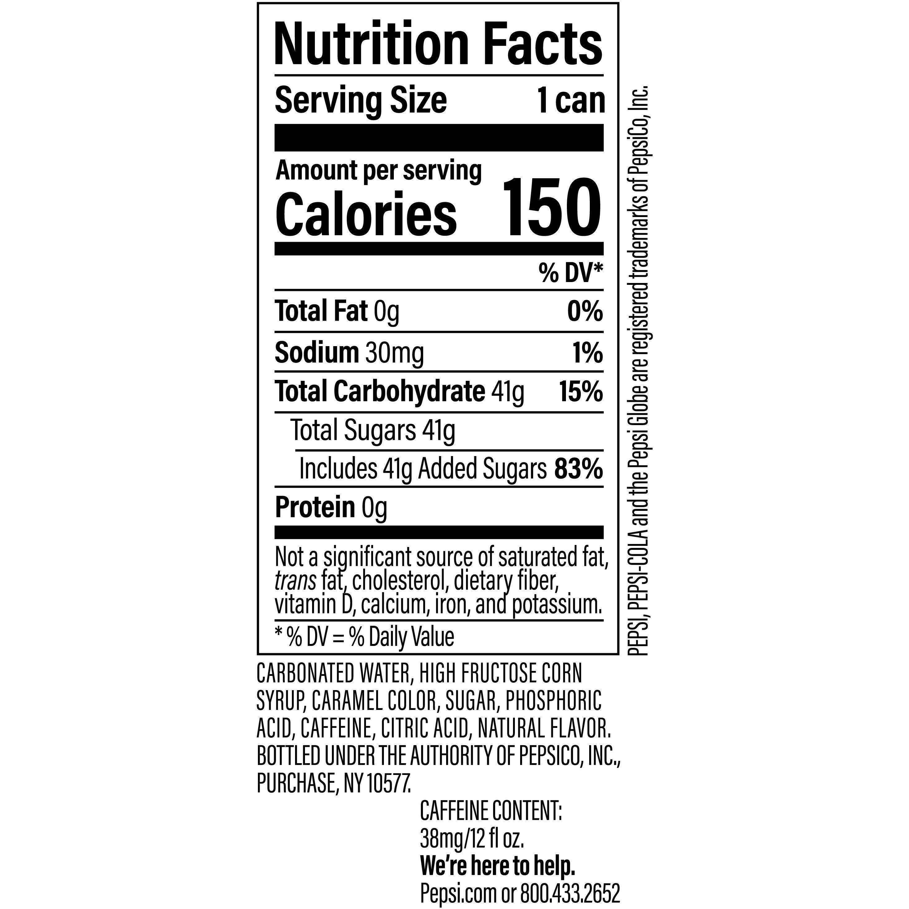 Image describing nutrition information for product Pepsi (36pk)