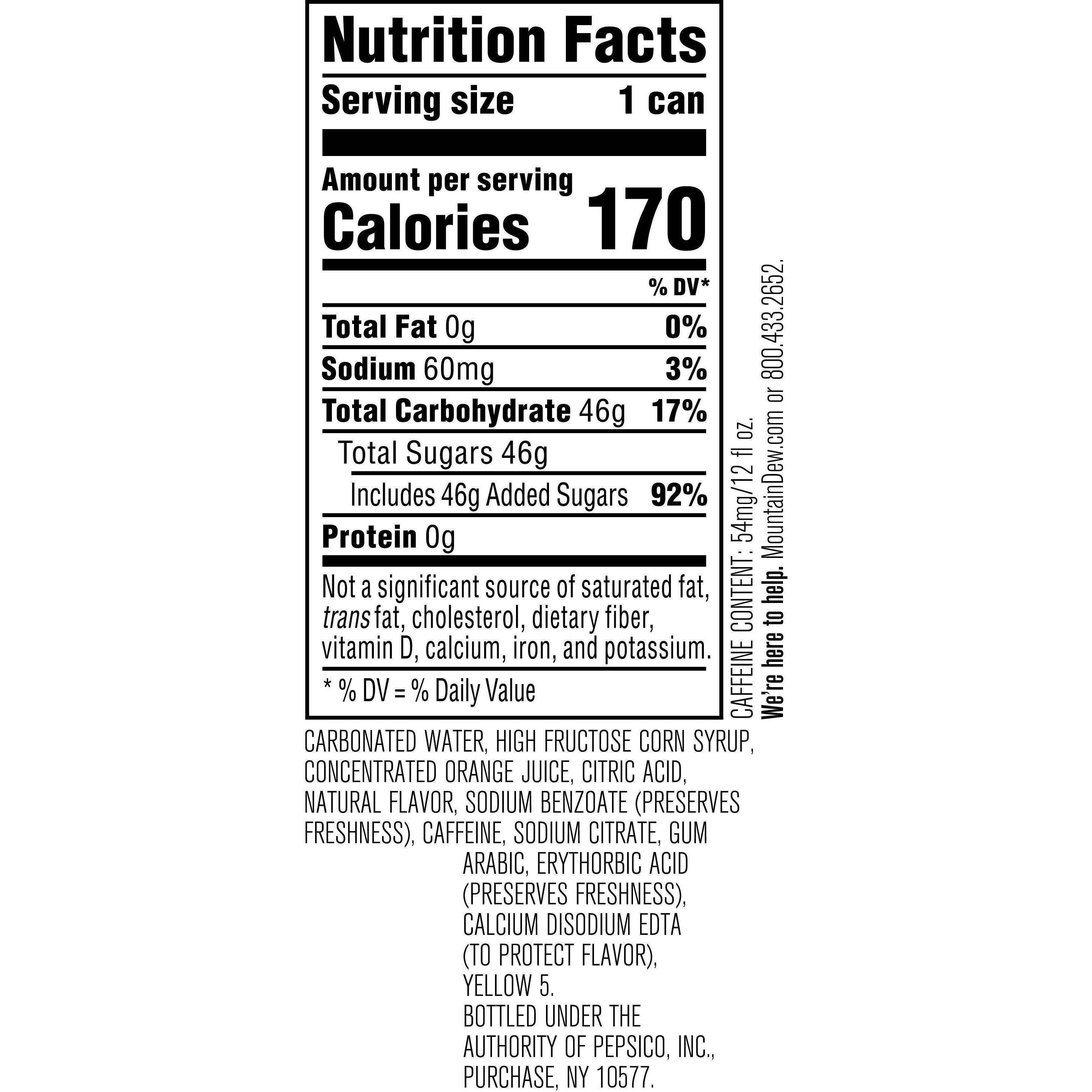 Image describing nutrition information for product Mtn Dew