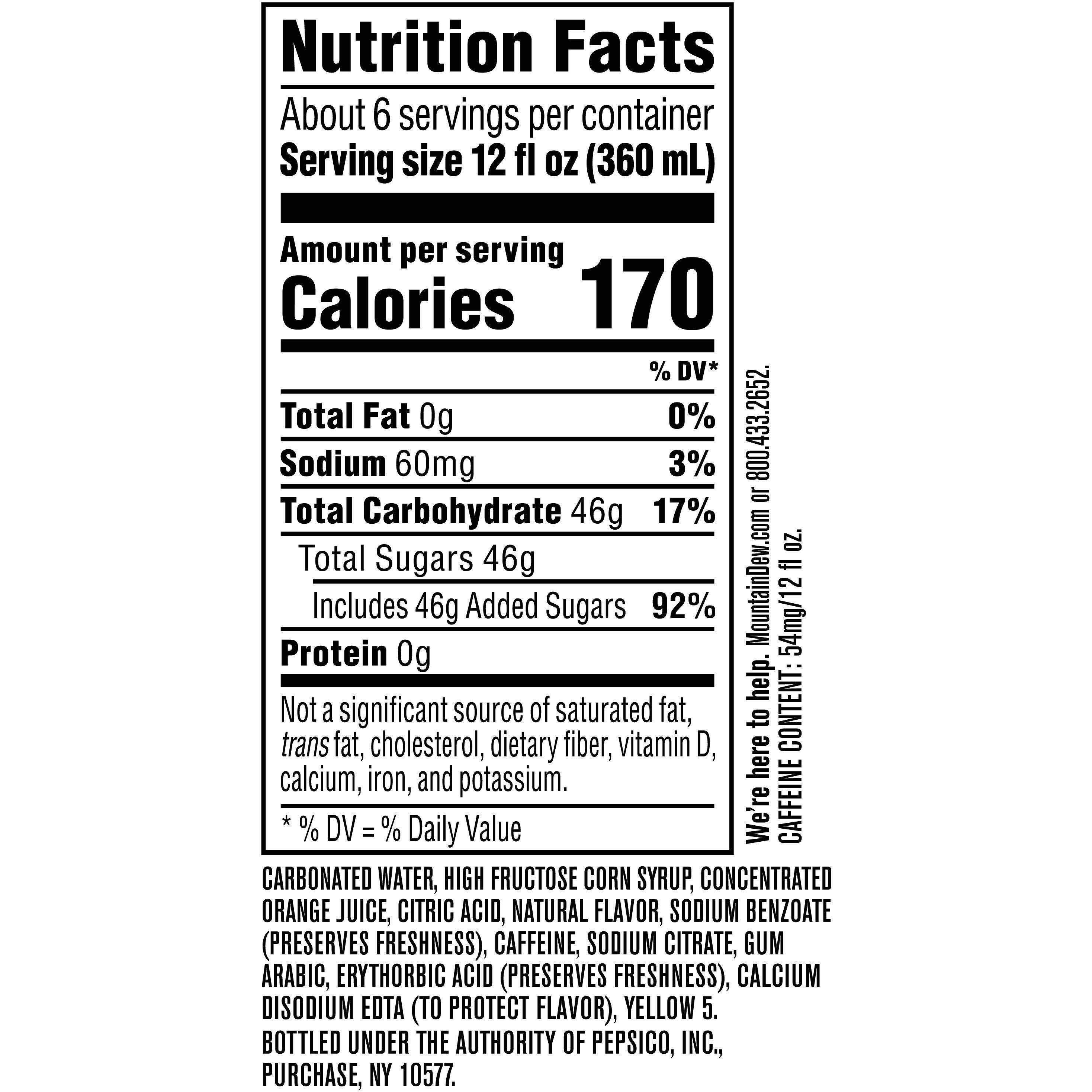 Image describing nutrition information for product Mtn Dew