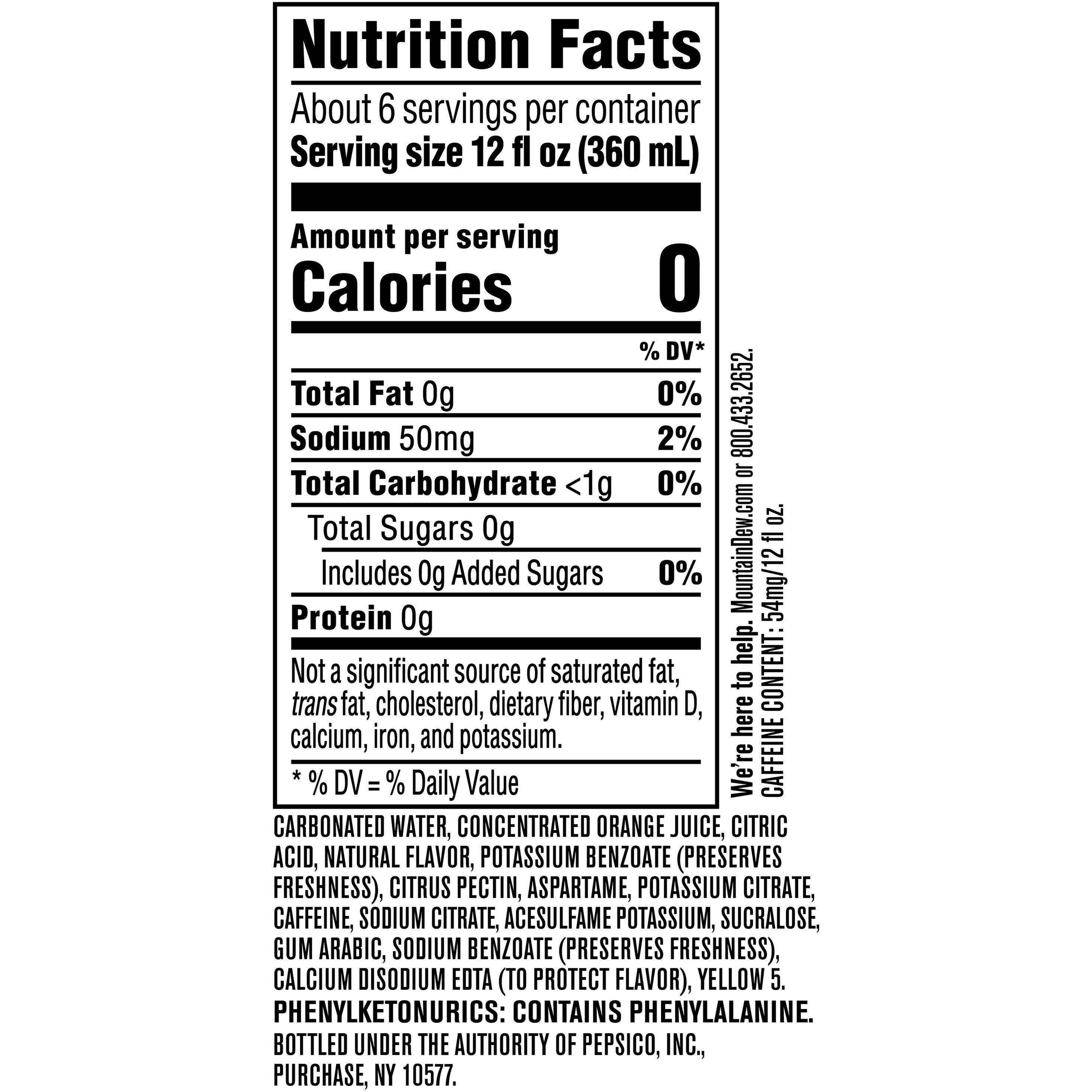 Image describing nutrition information for product Diet Mtn Dew