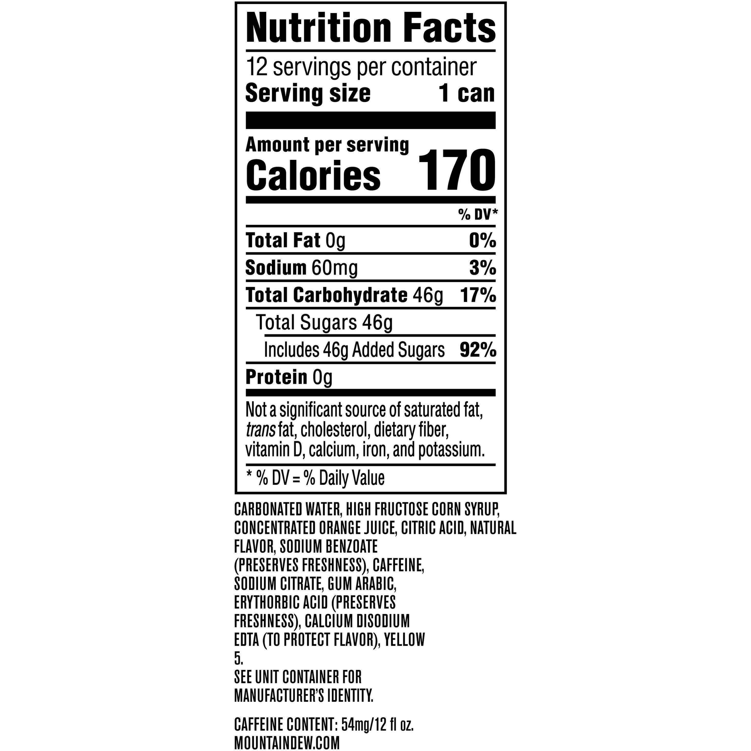 Image describing nutrition information for product Mtn Dew (2/12 Packs)