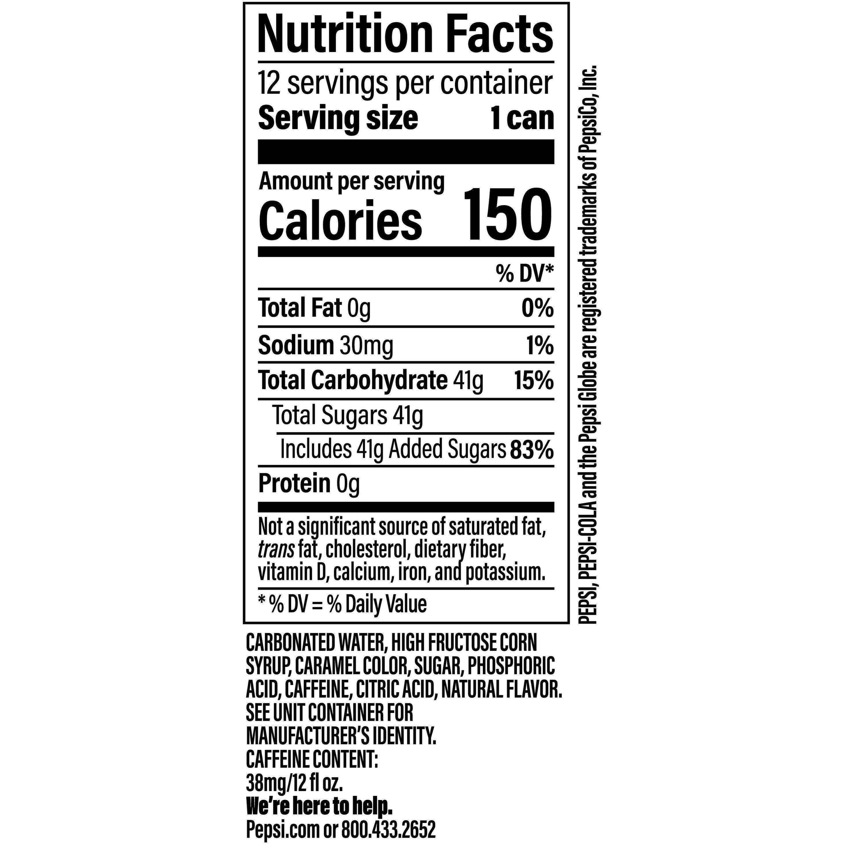 Image describing nutrition information for product Pepsi (2/12 Packs)