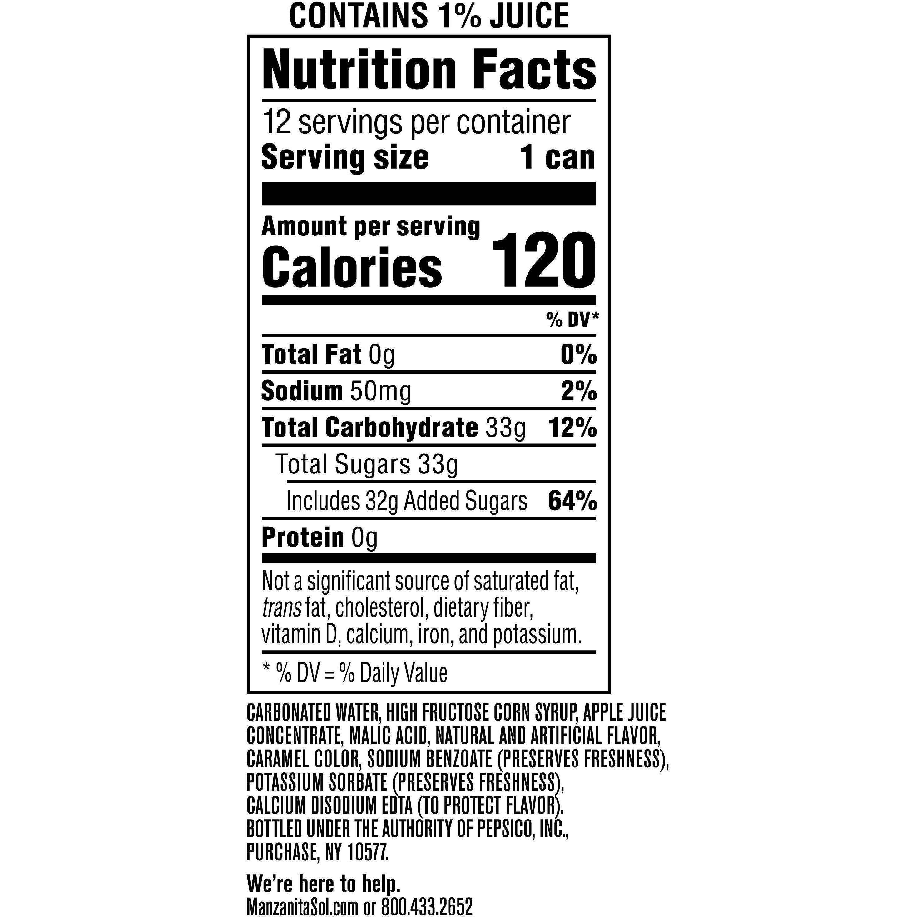 Image describing nutrition information for product Manzanita Sol Apple (2/12 Packs)