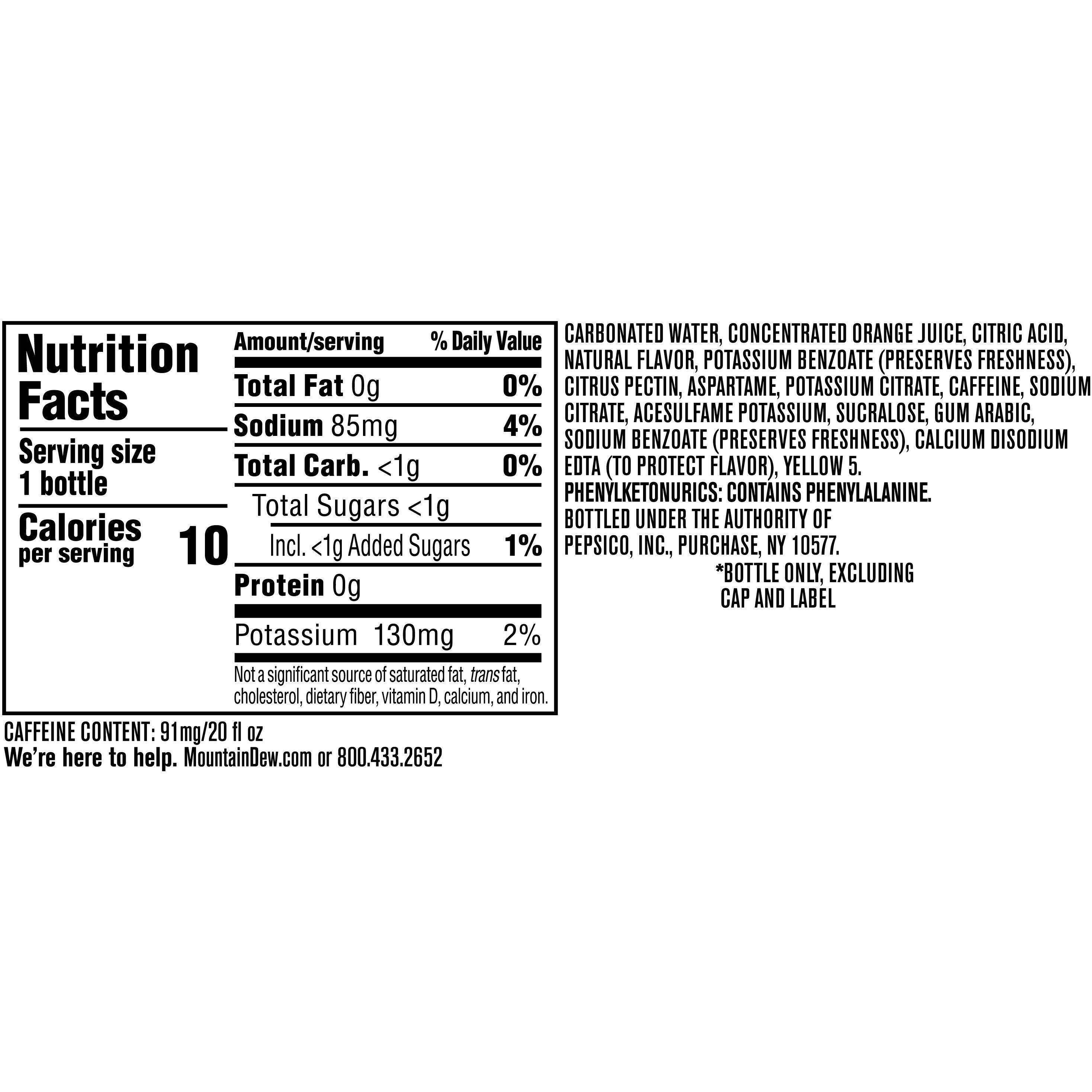 Image describing nutrition information for product Diet Mtn Dew