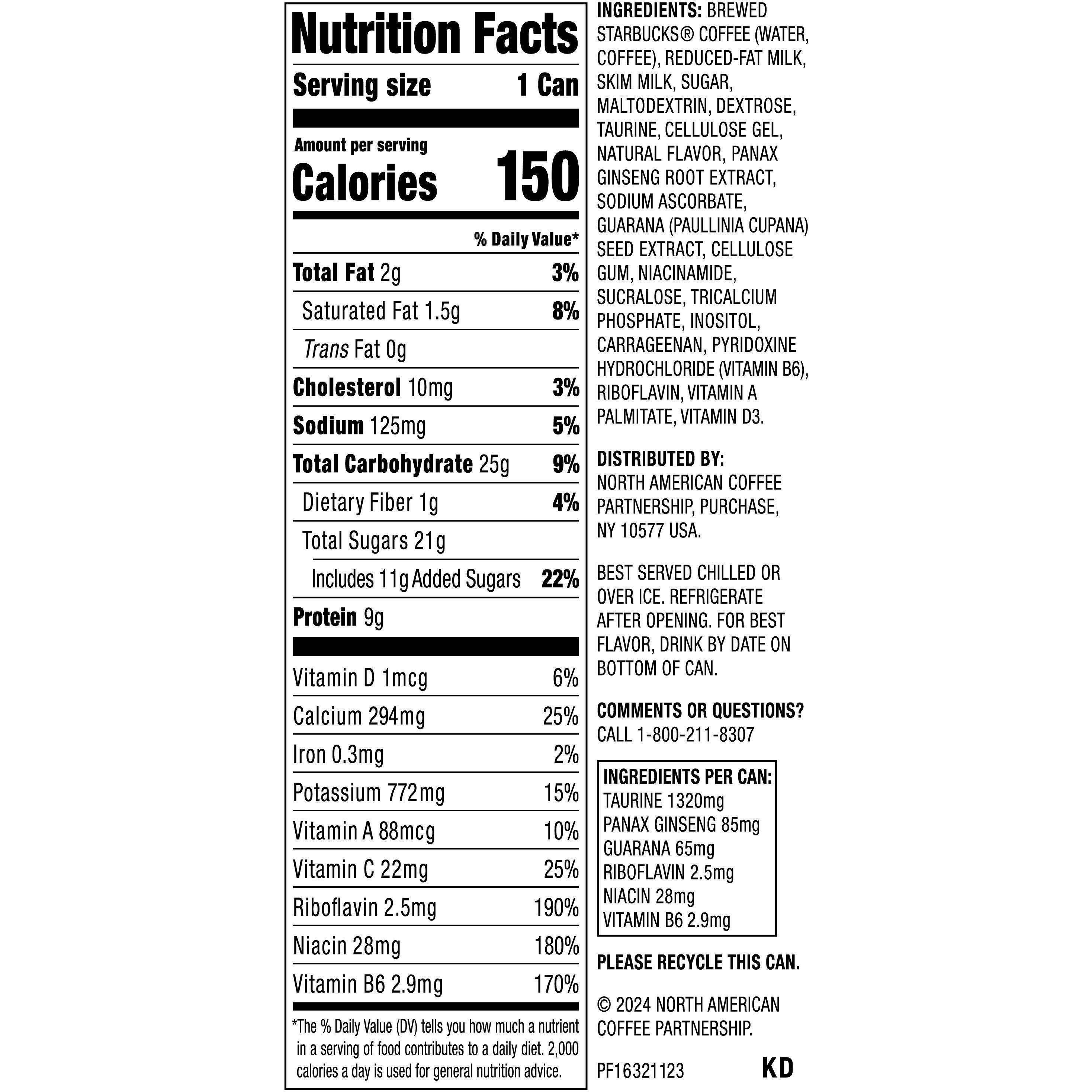 Image describing nutrition information for product Starbucks Doubleshot Energy Coffee Vanilla