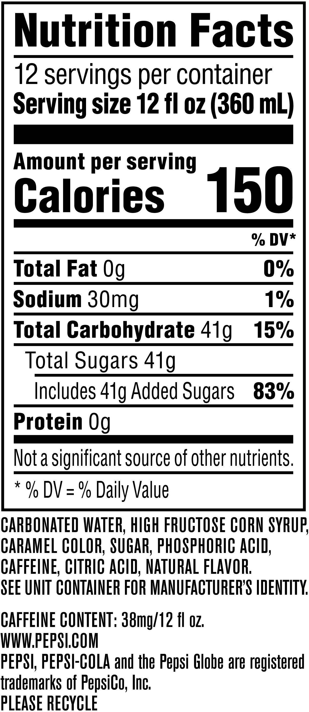 Image describing nutrition information for product Pepsi 