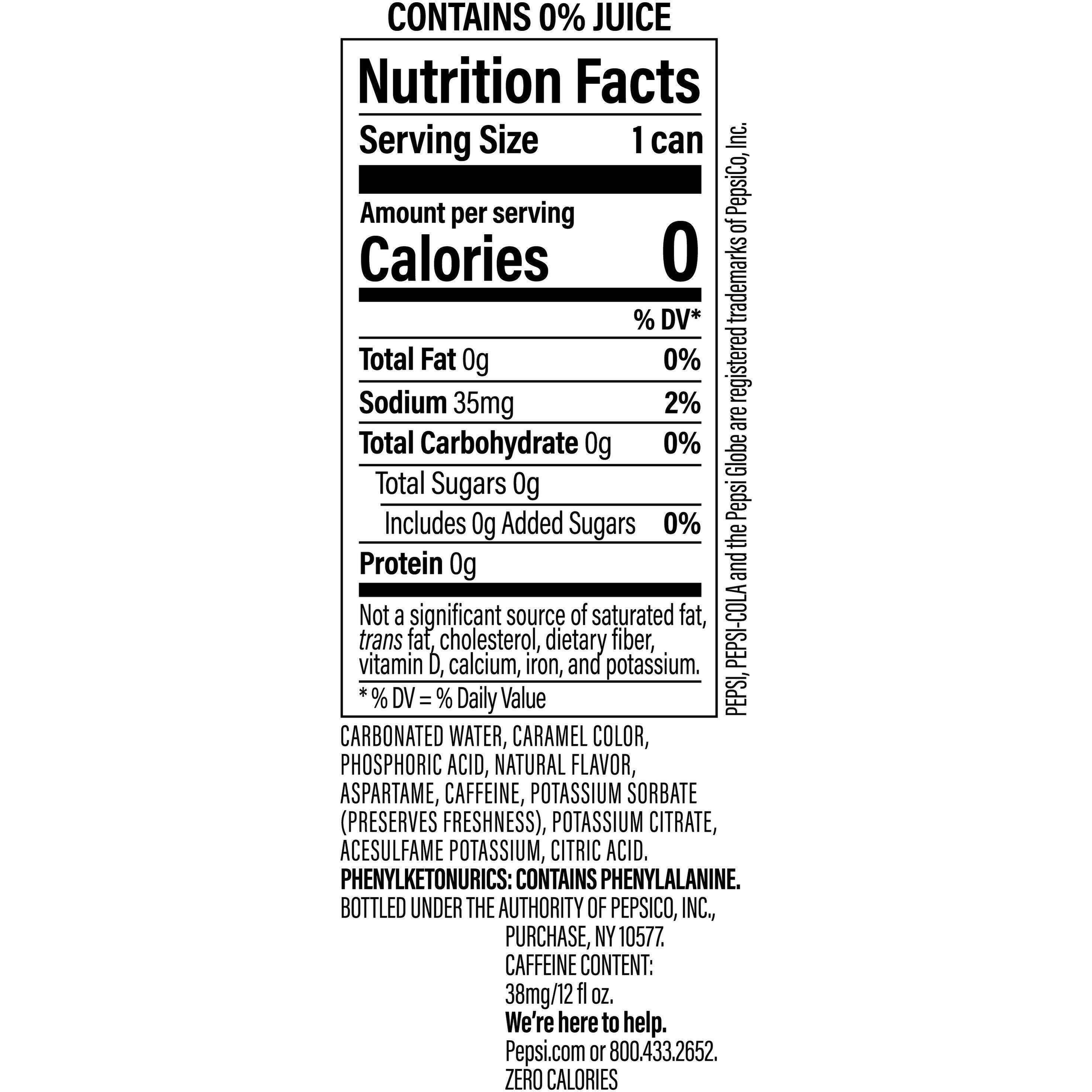 Image describing nutrition information for product Pepsi Zero Sugar Wild Cherry (2/12 Packs)