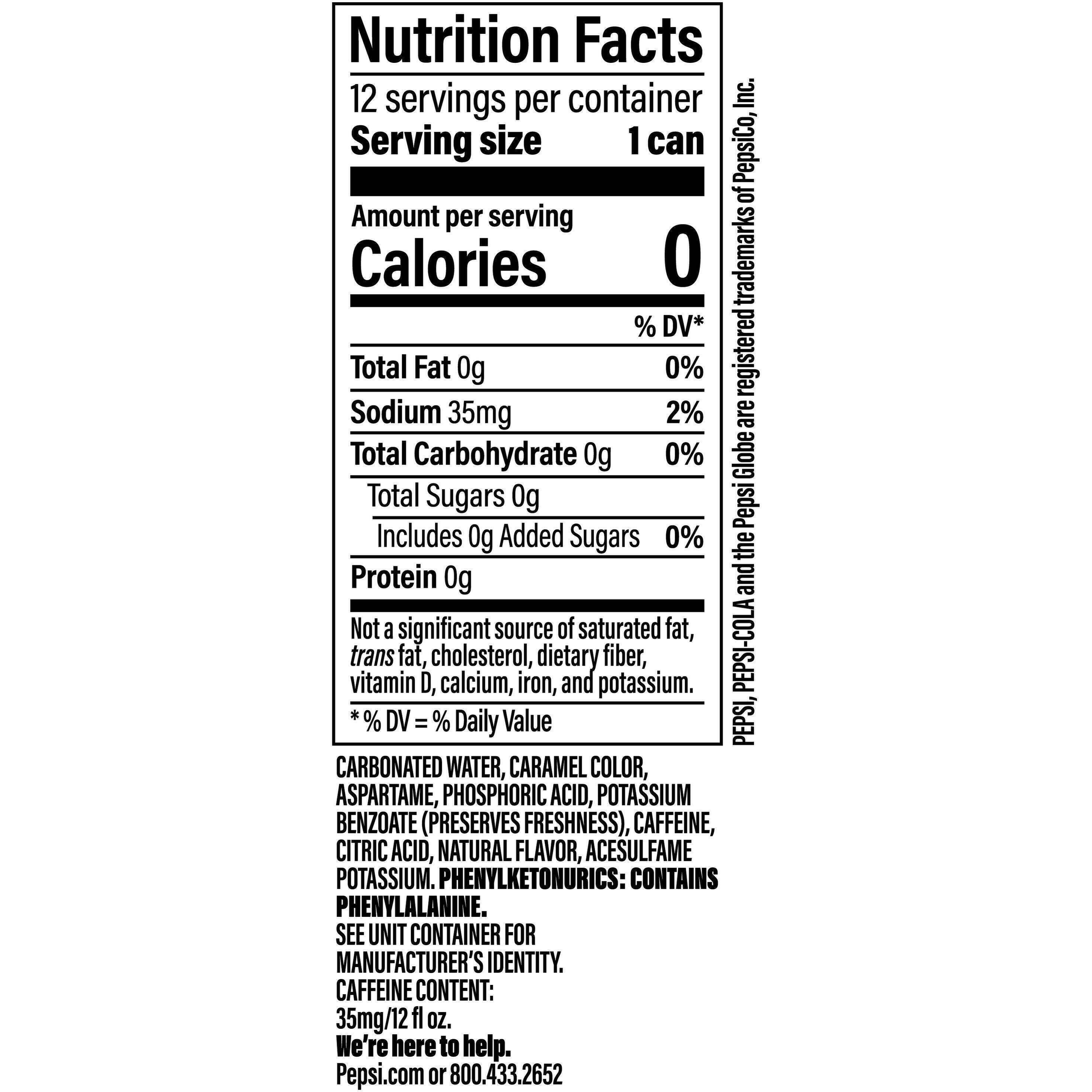 Image describing nutrition information for product Diet Pepsi (2/12 Packs)