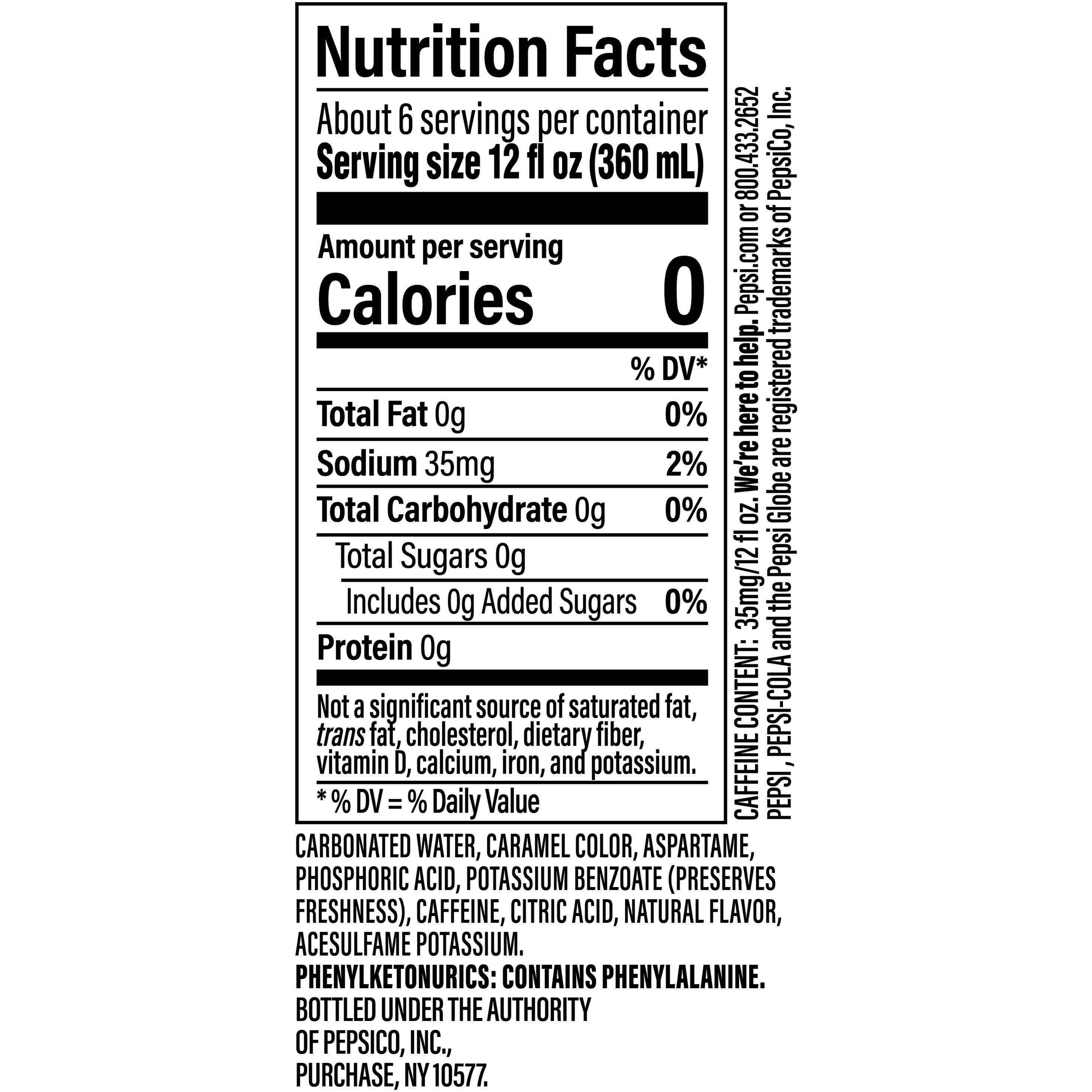 Image describing nutrition information for product Diet Pepsi