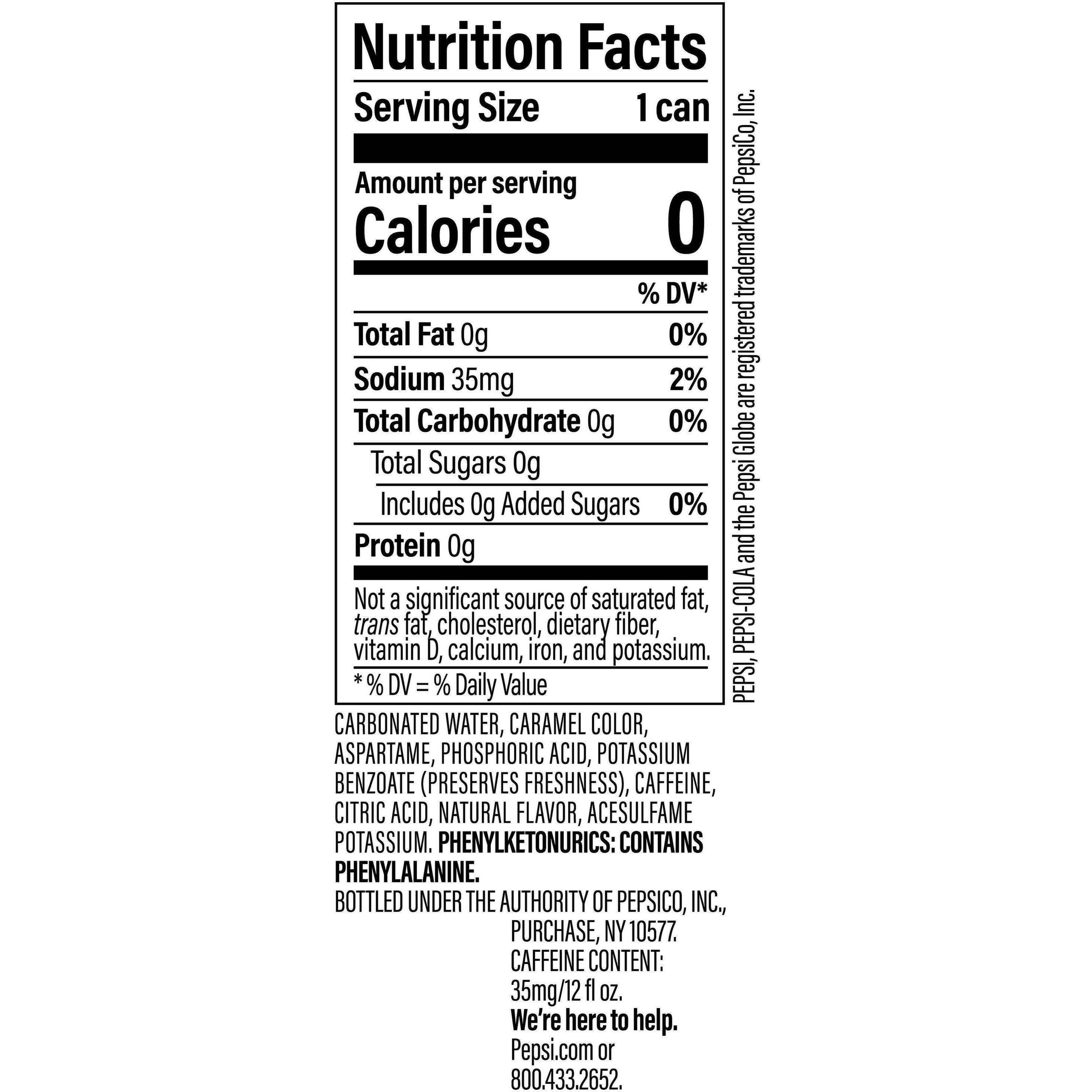 Image describing nutrition information for product Diet Pepsi (36pk Cube)