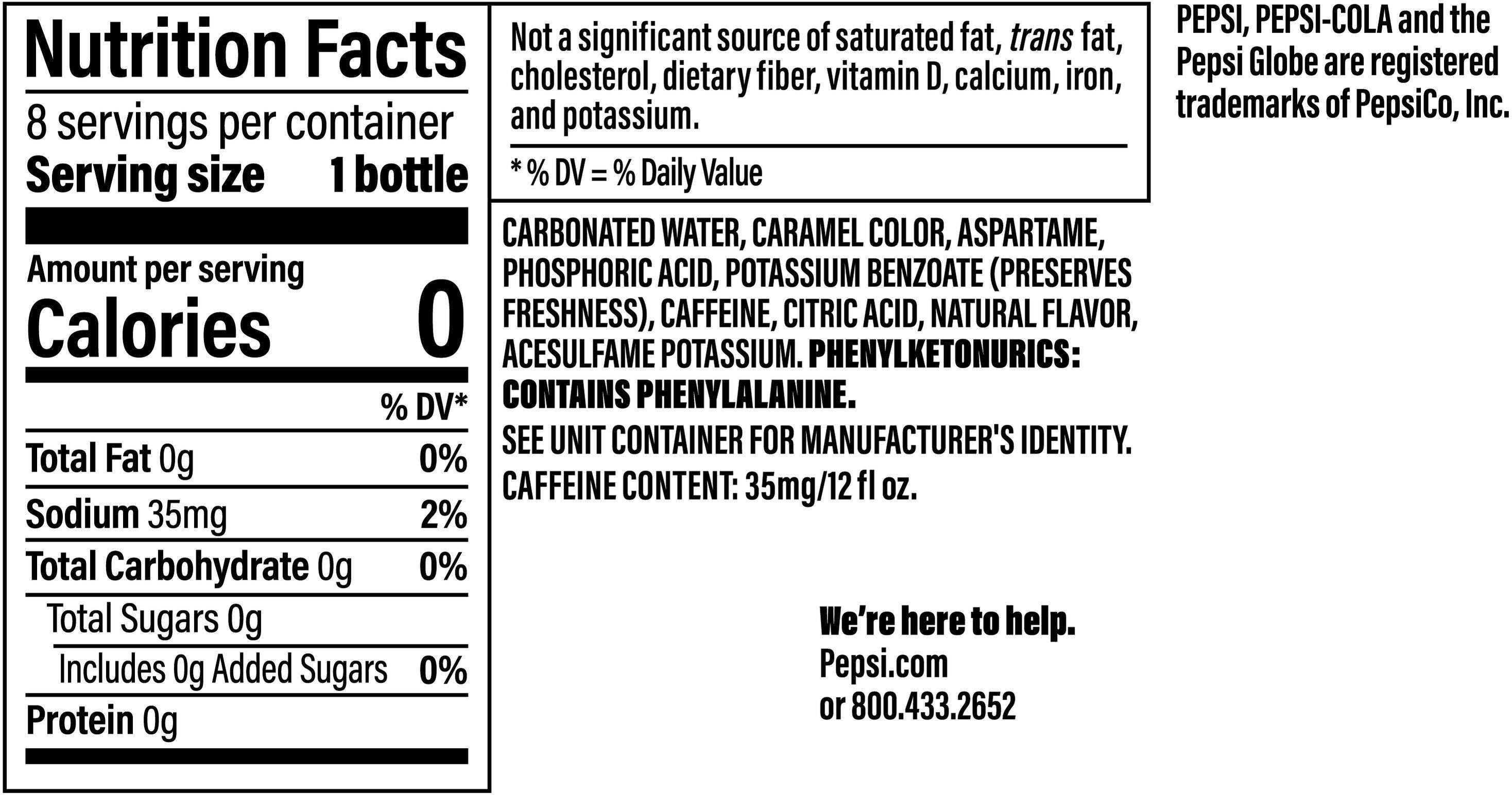 Image describing nutrition information for product Diet Pepsi