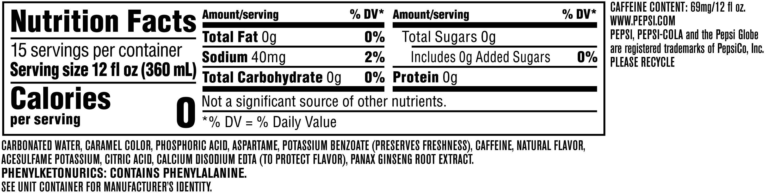 Image describing nutrition information for product  Pepsi Zero Sugar