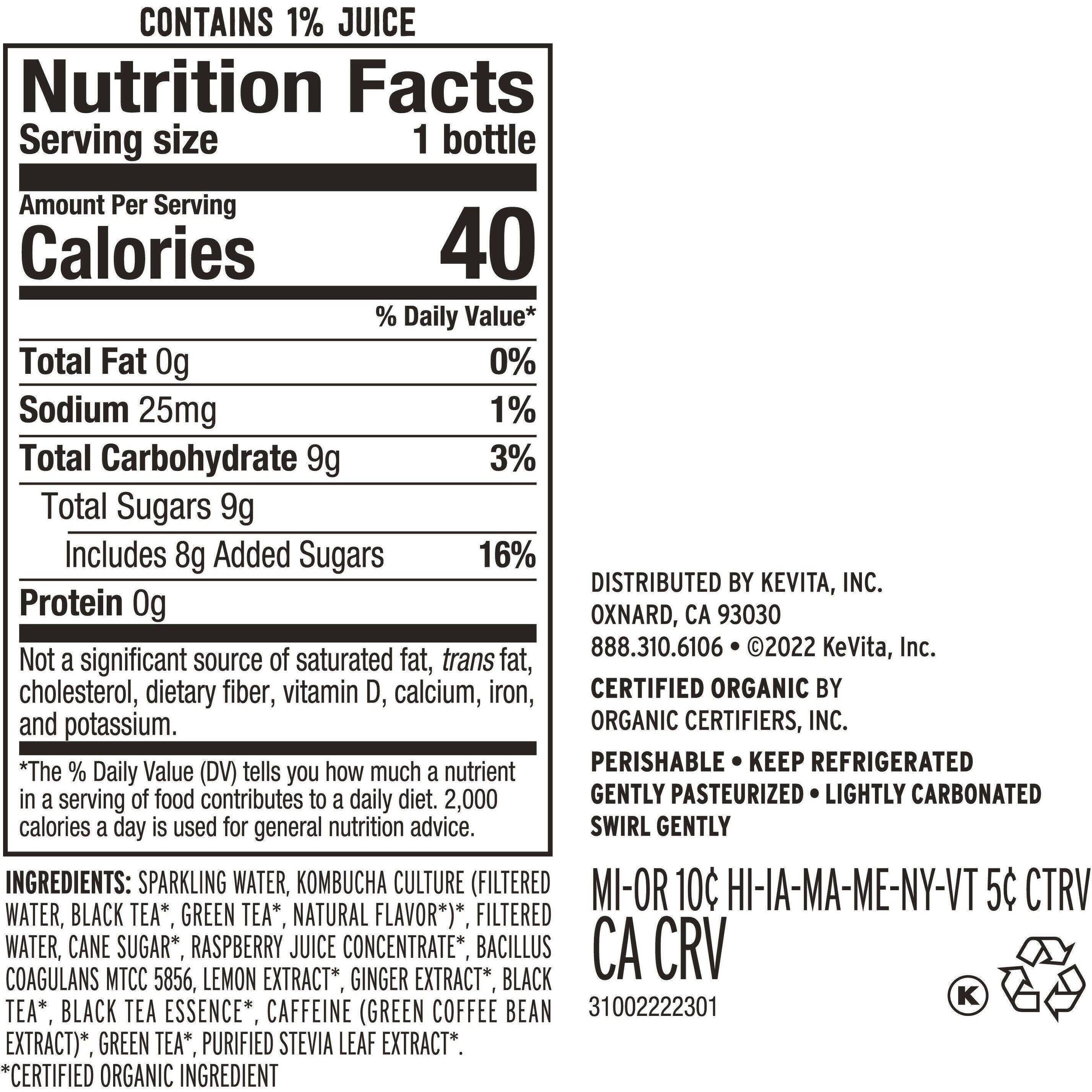 Image describing nutrition information for product KeVita Master Brew Kombucha Raspberry Lemon