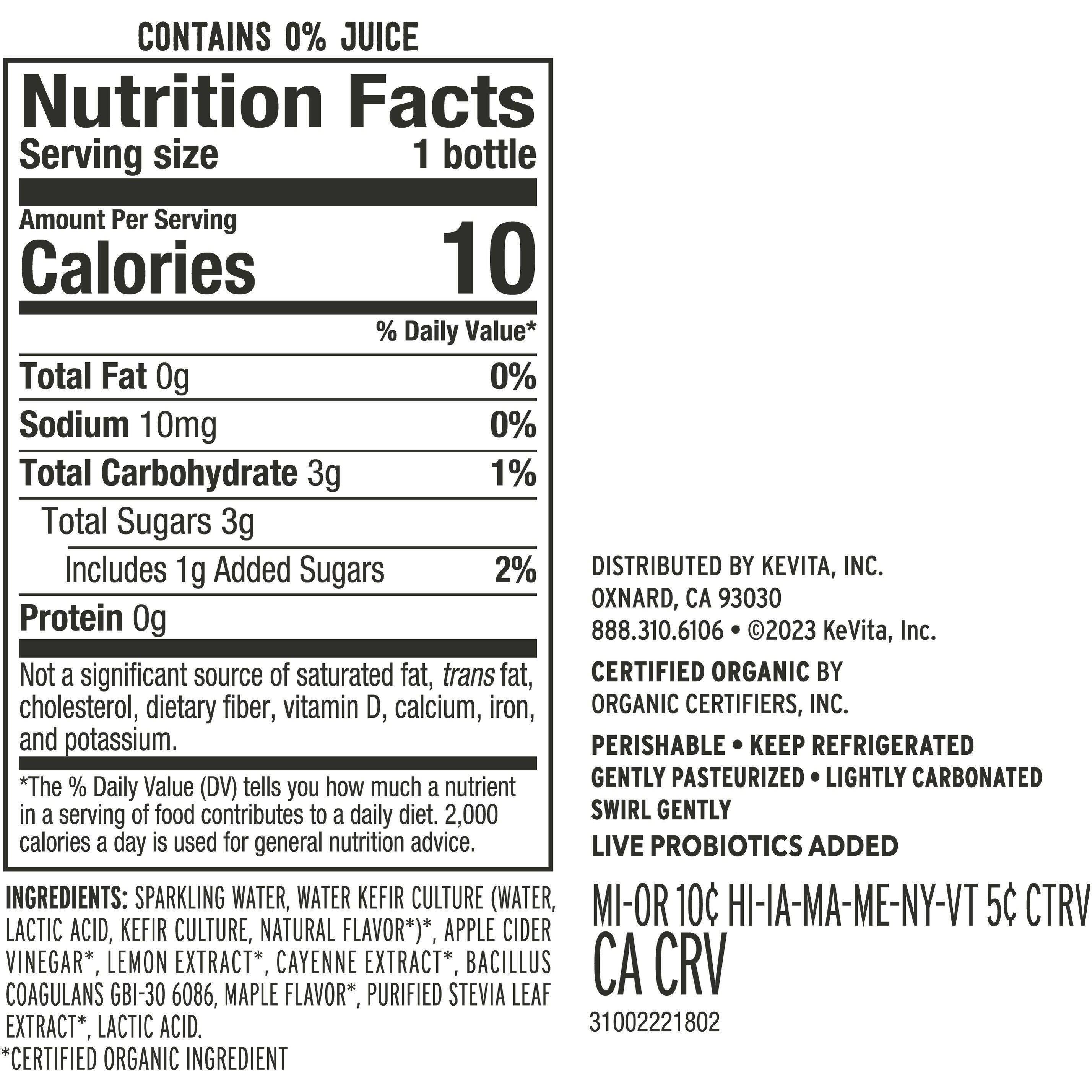 Image describing nutrition information for product KeVita Sparkling Probiotic Lemon Cayenne
