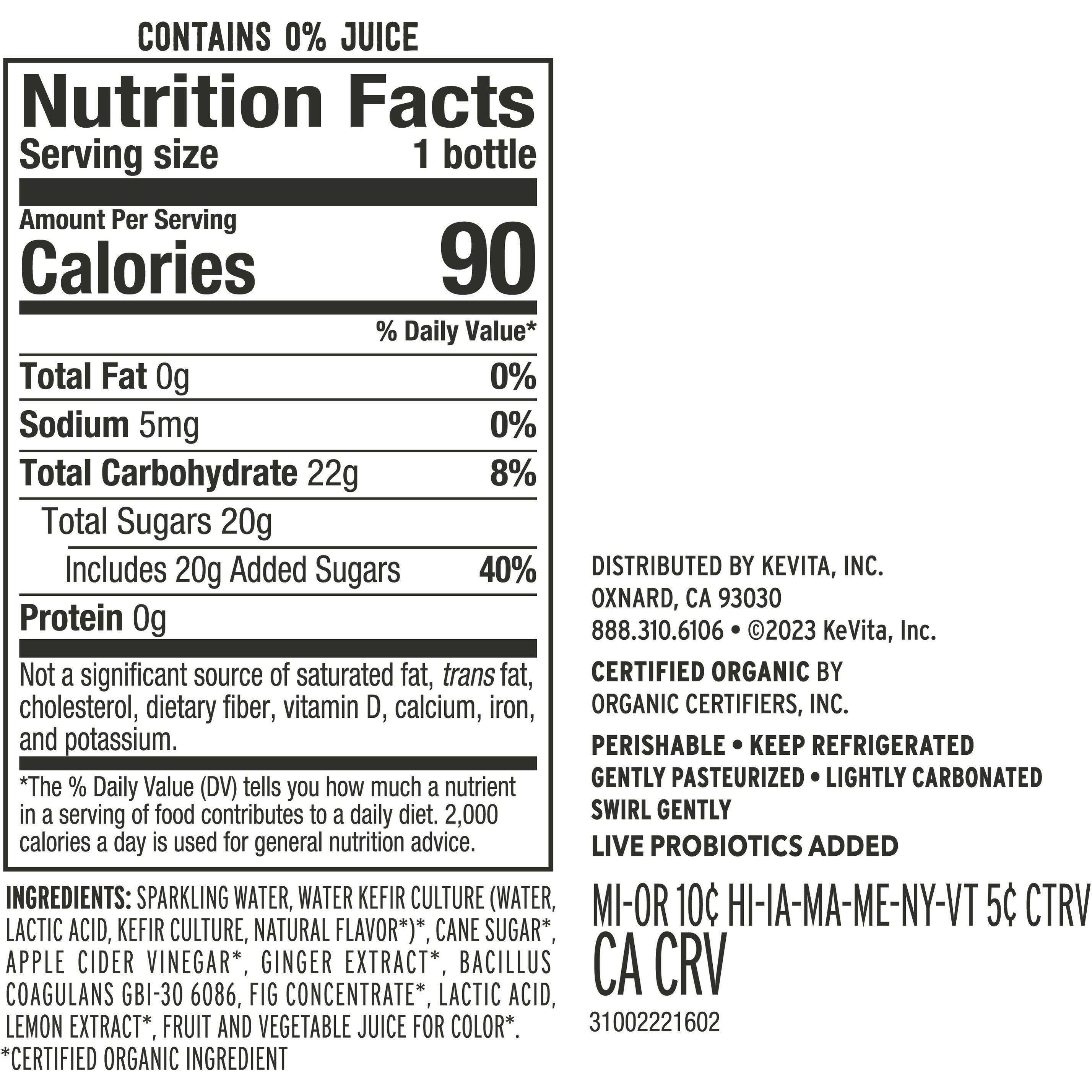 Image describing nutrition information for product KeVita Sparkling Probiotic Lemon Ginger
