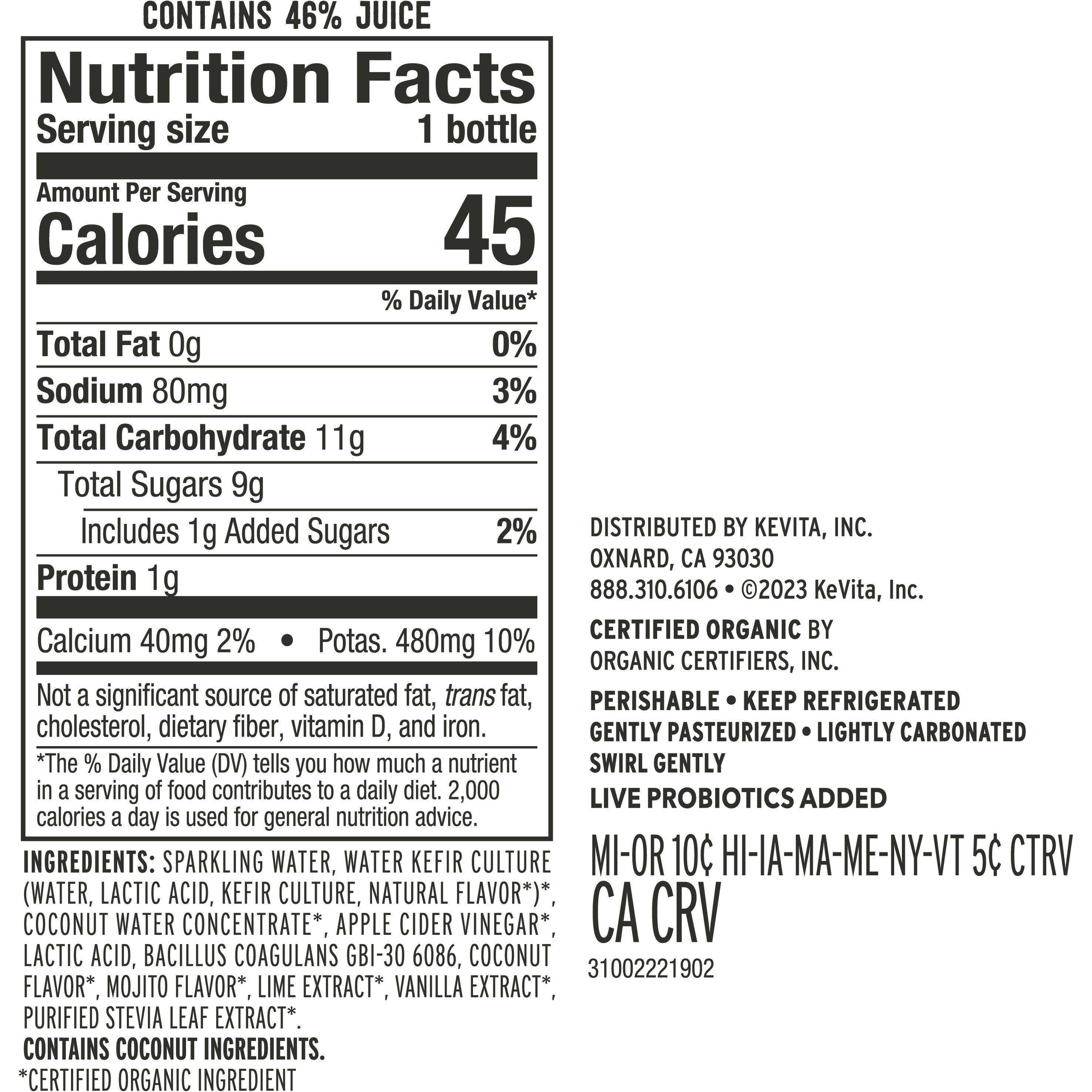 Image describing nutrition information for product KeVita Sparkling Probiotic Mojita Lime Mint Coconut