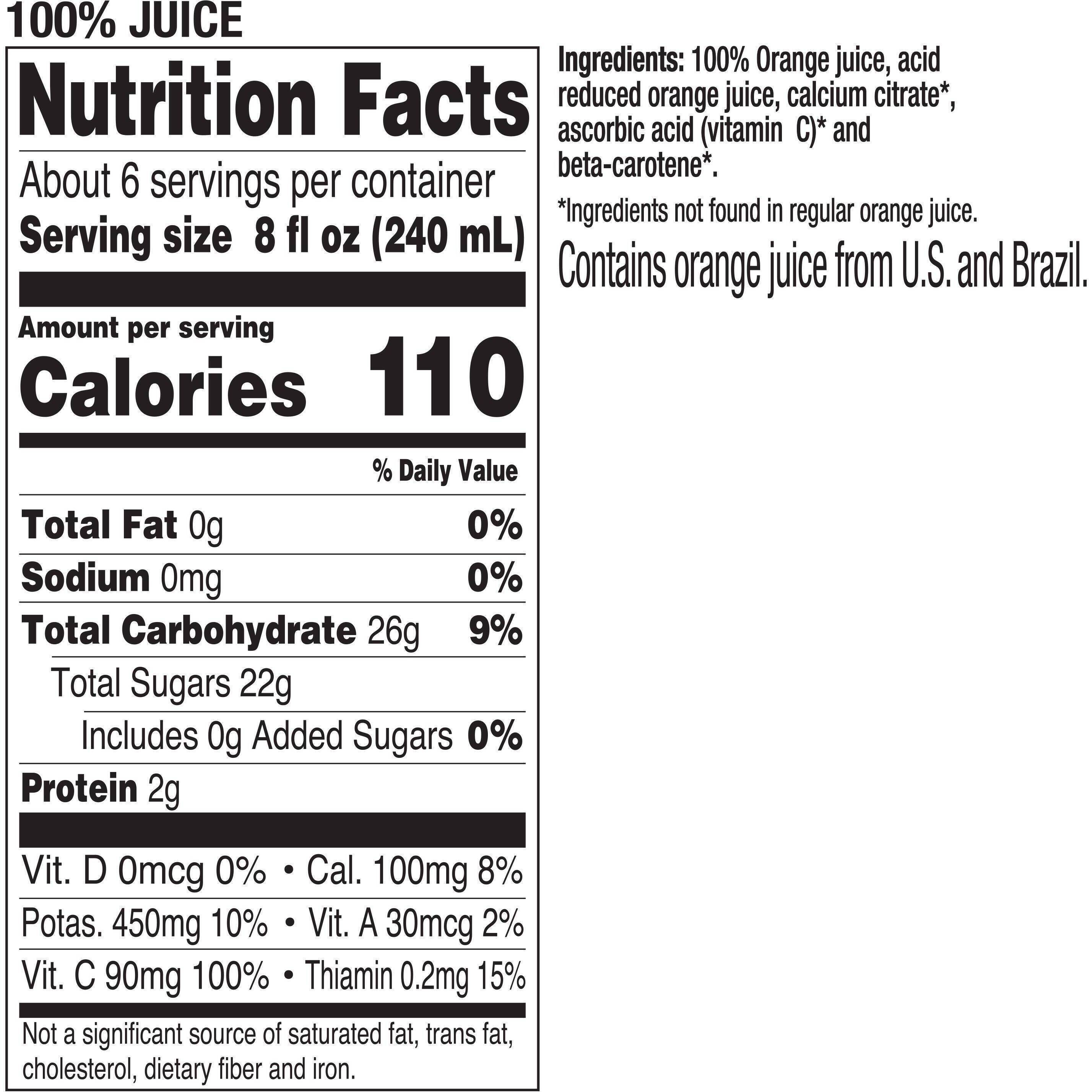 Image describing nutrition information for product Tropicana Pure Premium Orange Juice Low Acid