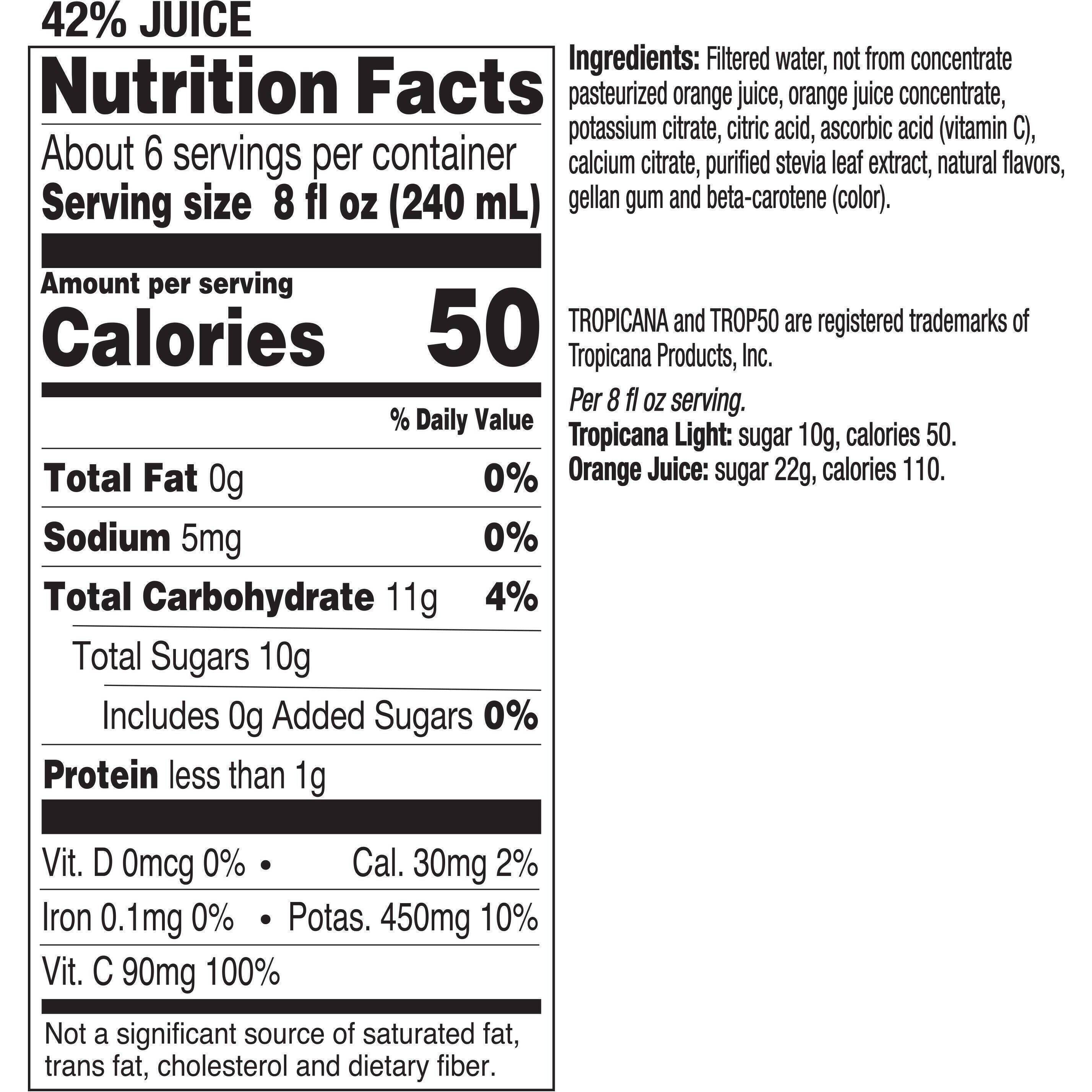 Image describing nutrition information for product Tropicana Orange Juice Light