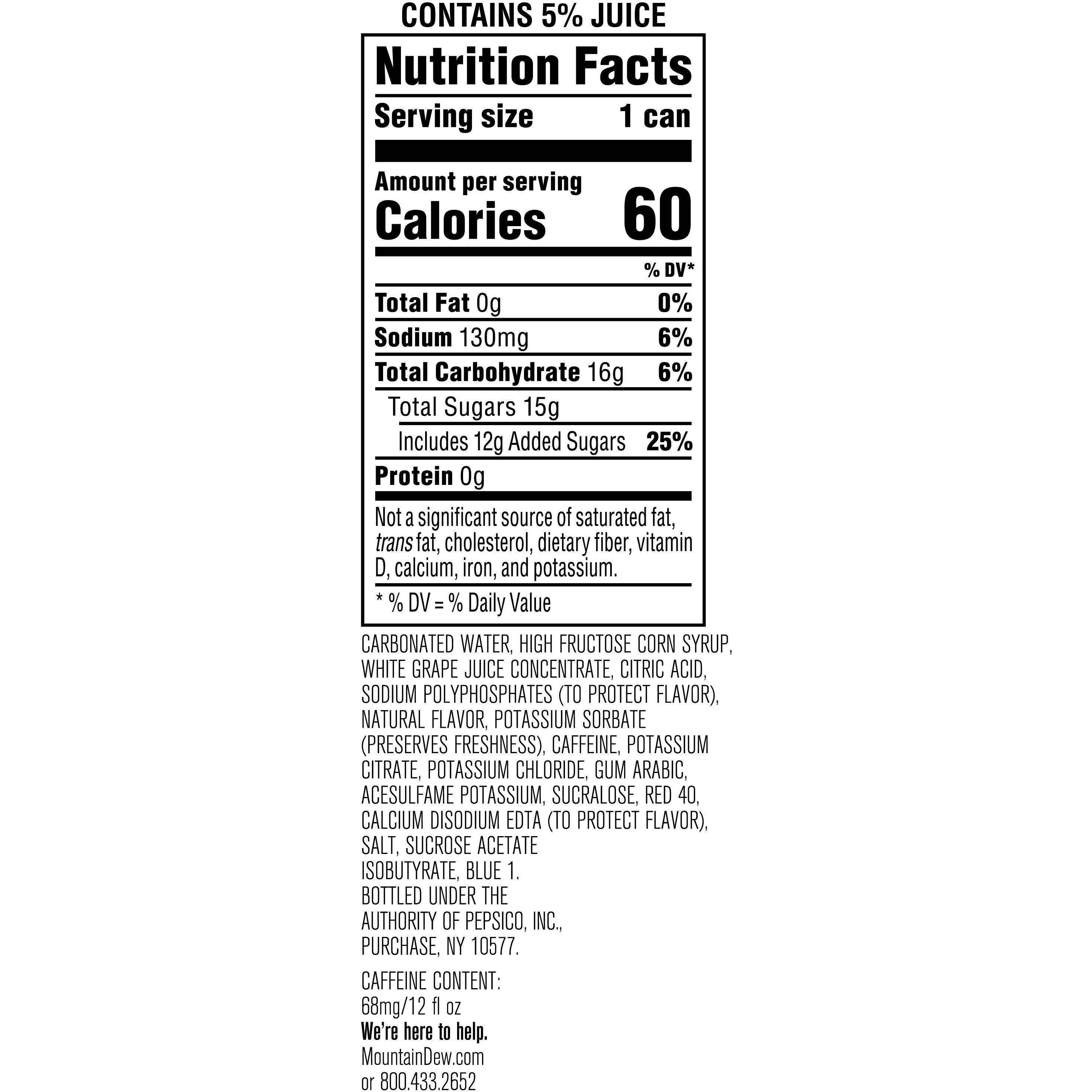 Image describing nutrition information for product Mtn Dew Kickstart Grape