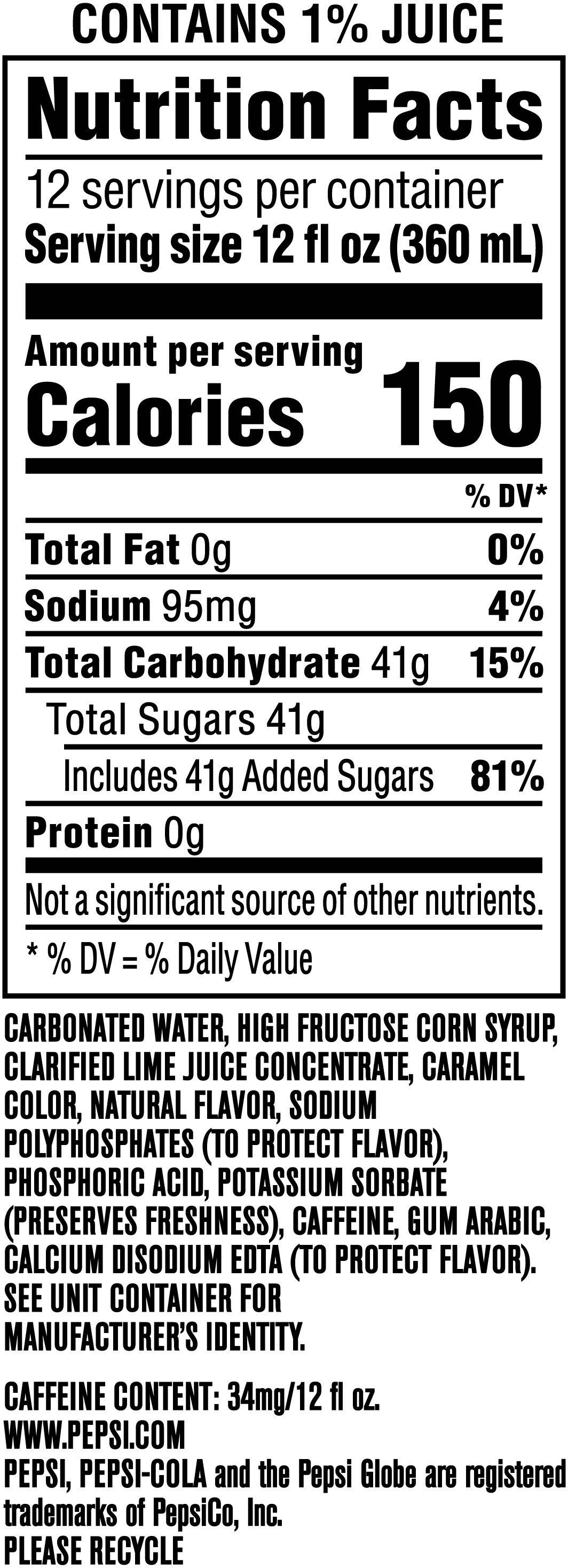 Image describing nutrition information for product Pepsi Lime (2/12 Packs) LTO