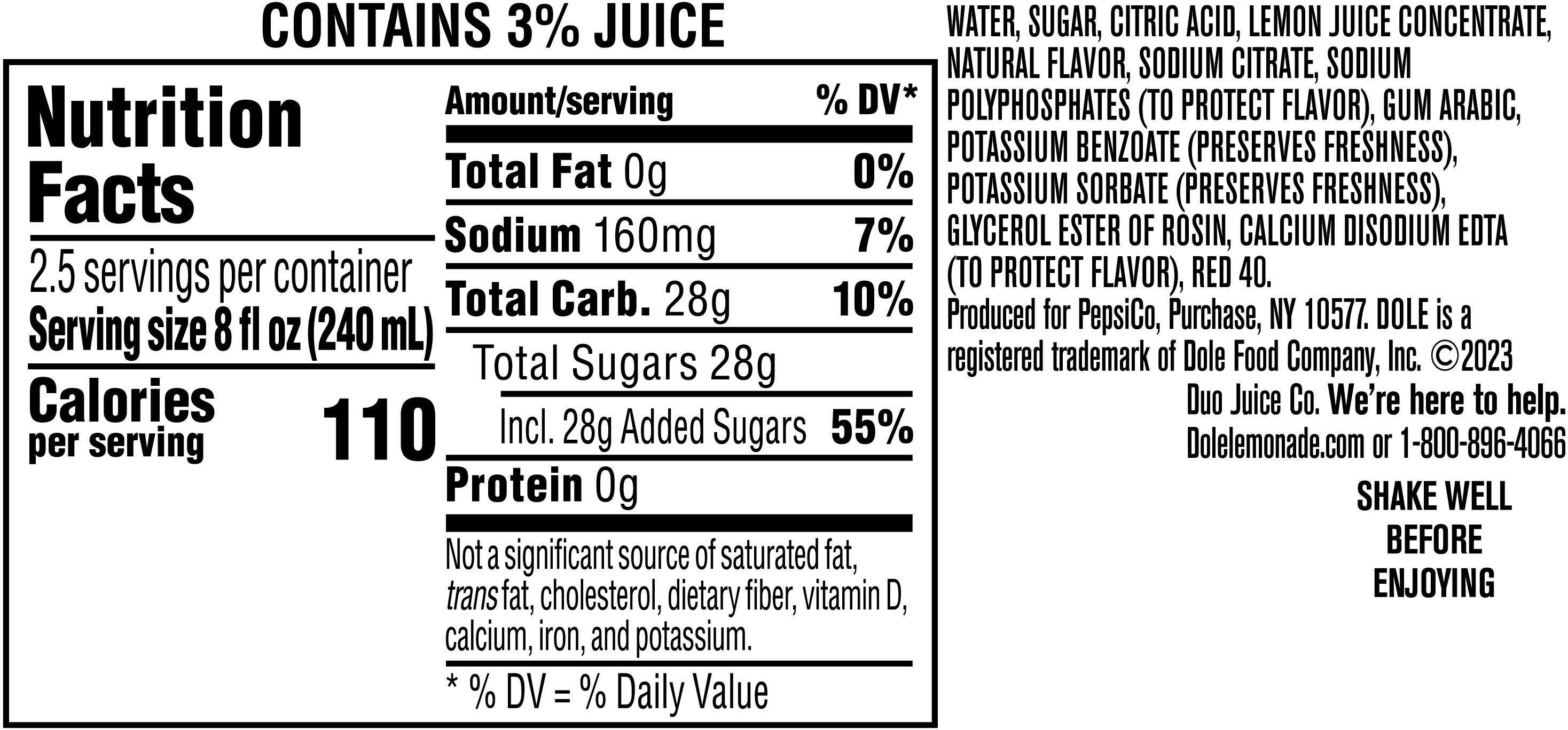 Image describing nutrition information for product Dole Strawberry Lemonade