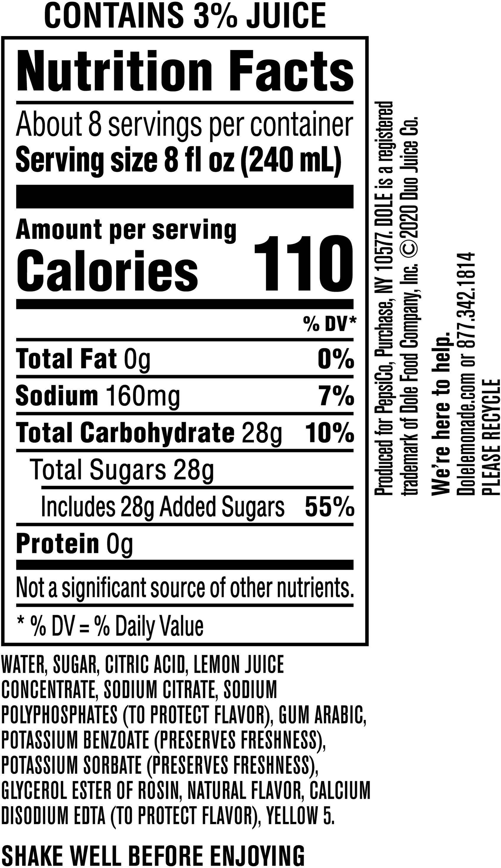 Image describing nutrition information for product Dole Lemonade (Free Case)