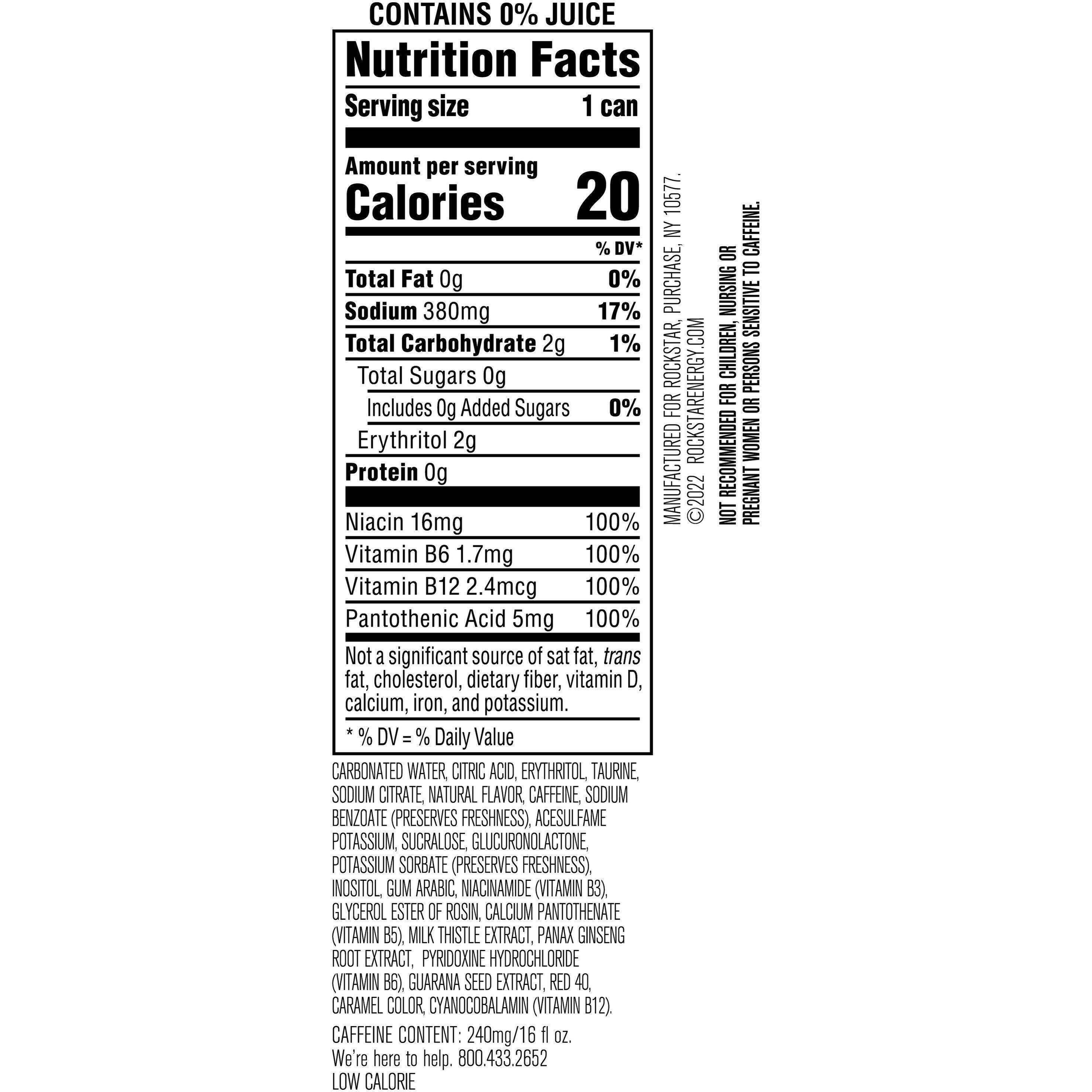 Image describing nutrition information for product Rockstar Pure Zero Tangerine Mango Guava Strawberry